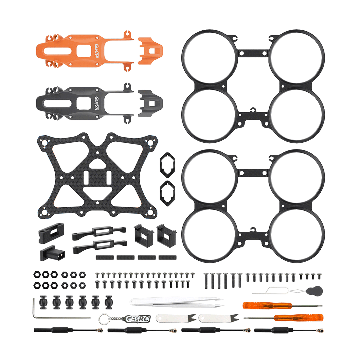 GEPRC GEP-DS16 FPV frame kit with carbon fiber plates, duct guards, plastic canopies, screws and tools
