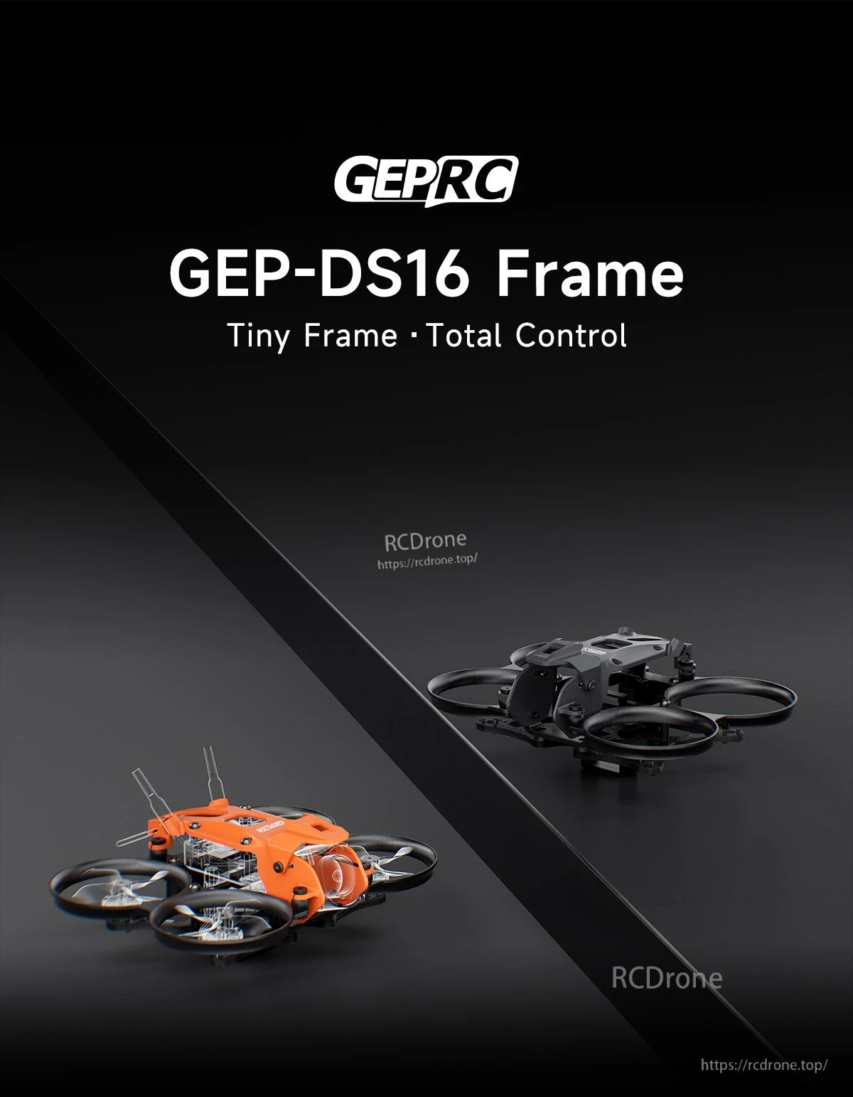 GEPRC GEP-DS16 FPV Frame, GEPRC GEP-DS16 FPV drone frame promo showing compact ducted micro quad in orange and black color options