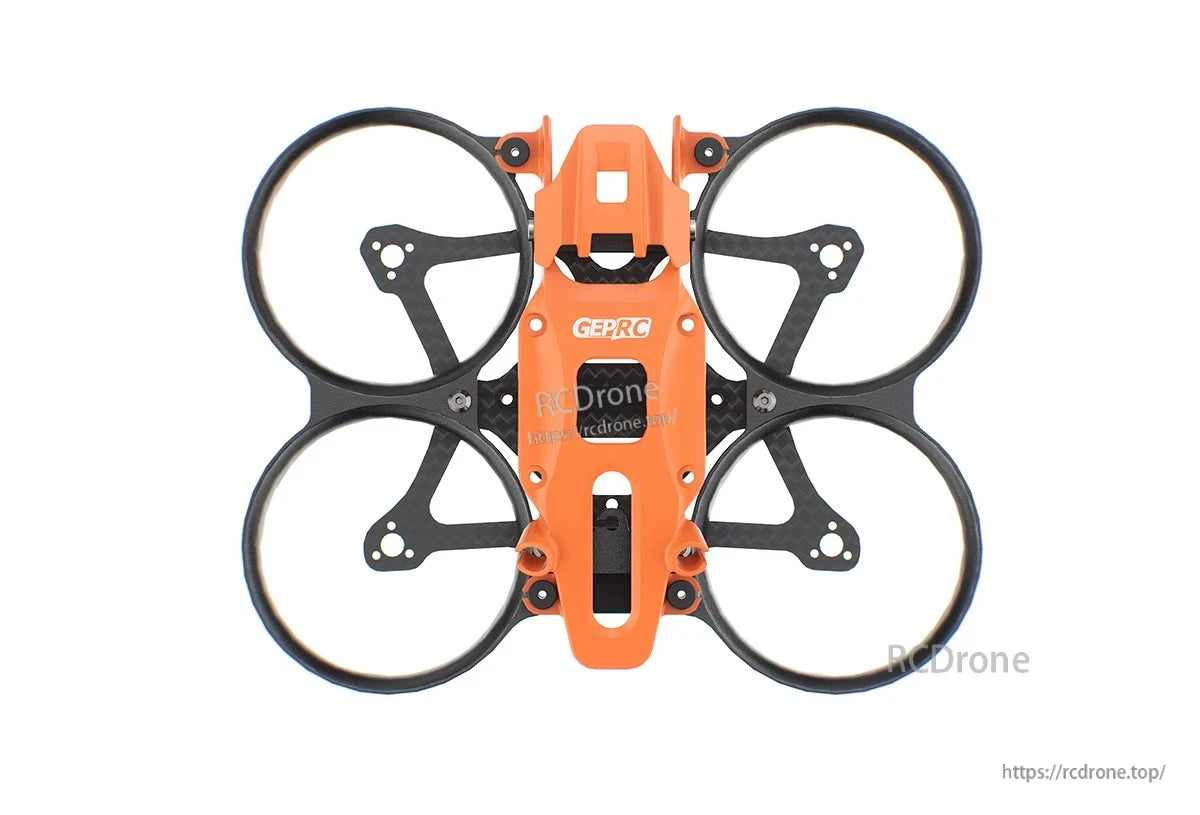 GEPRC GEP-DS16 FPV Frame, Top view of GEPRC GEP-DS16 FPV drone frame with orange canopy and four circular duct guards