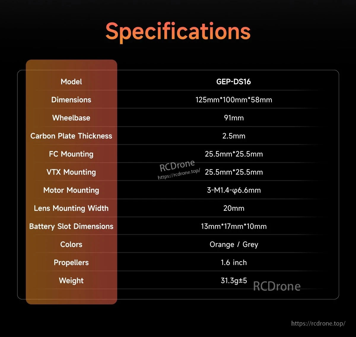 GEPRC GEP-DS16 FPV frame specifications listing 125×100×58mm size, 91mm wheelbase, 2.5mm carbon plate