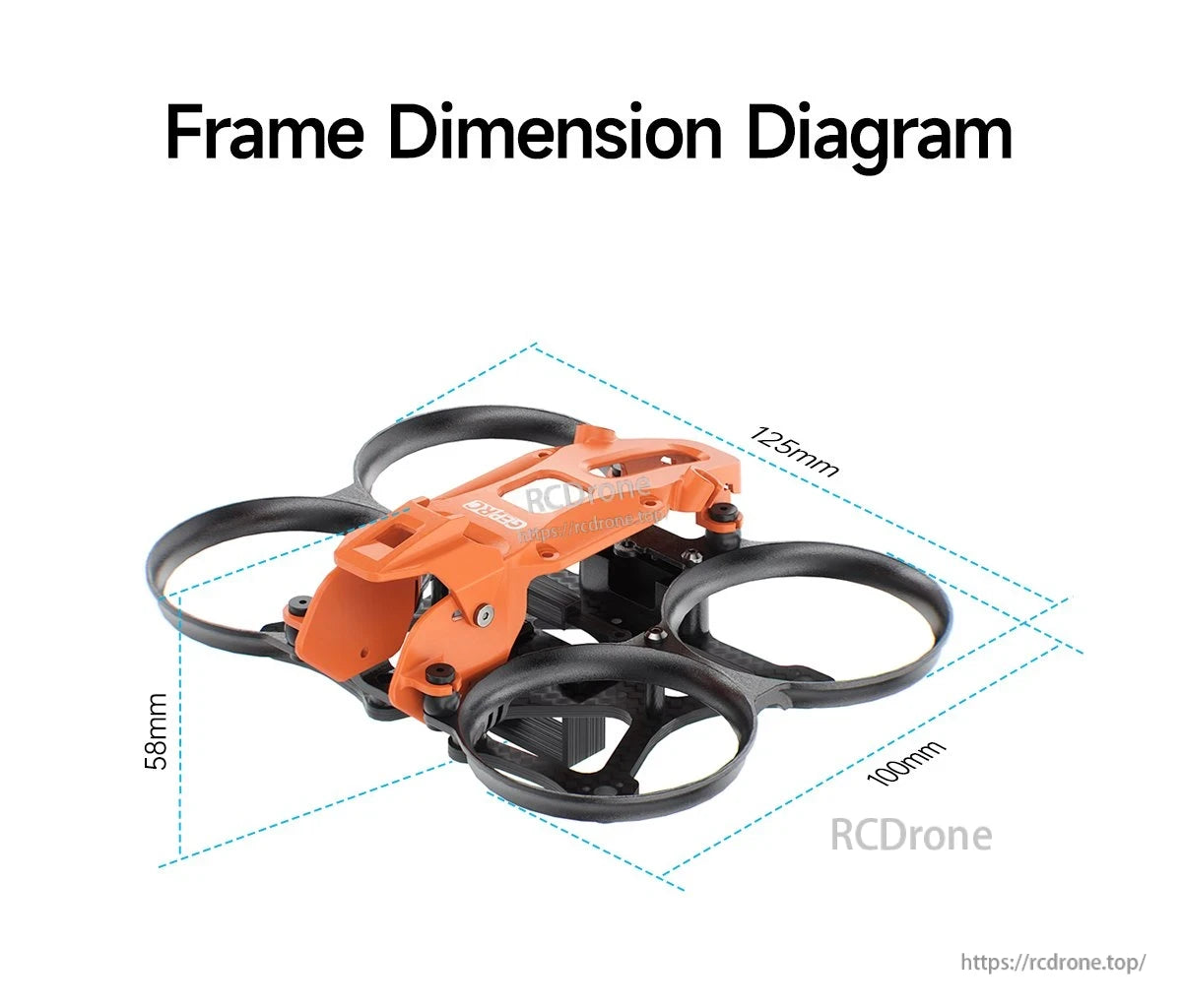 GEPRC GEP-DS16 FPV Frame, GEPRC GEP-DS16 FPV ducted frame dimension diagram showing 125mm x 100mm footprint and 58mm height
