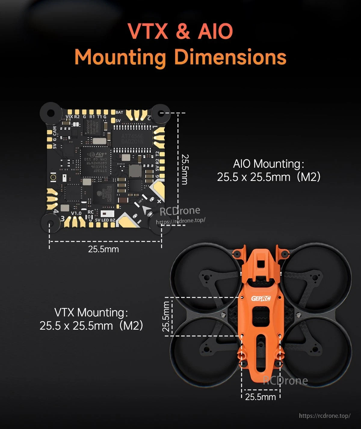 GEPRC GEP-DS16 FPV frame and AIO/VTX mounting diagram showing 25.5 x 25.5mm M2 hole pattern