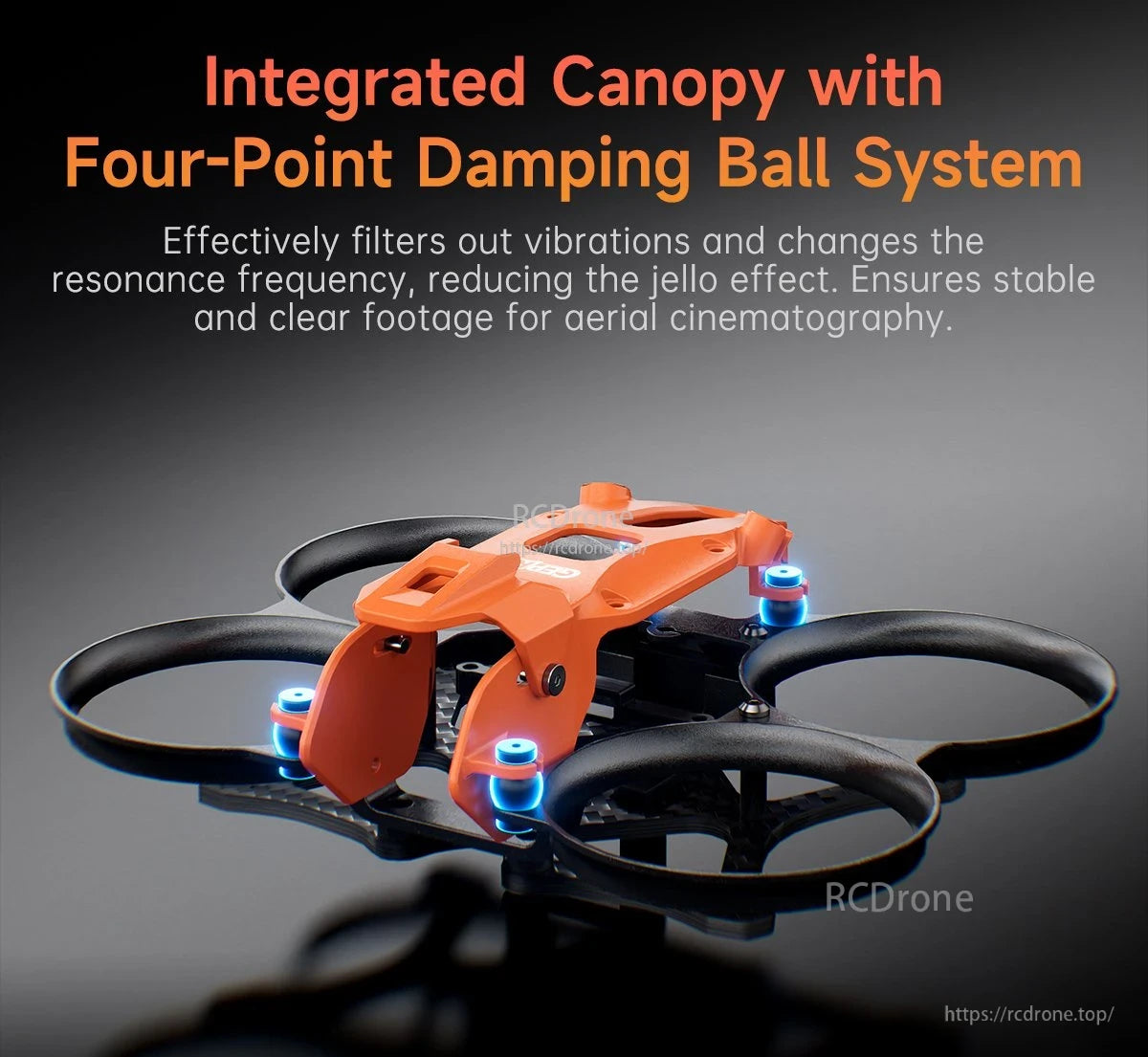 GEPRC GEP-DS16 FPV Frame, GEPRC GEP-DS16 FPV cinewhoop frame with orange integrated canopy and four-point damping ball mounts