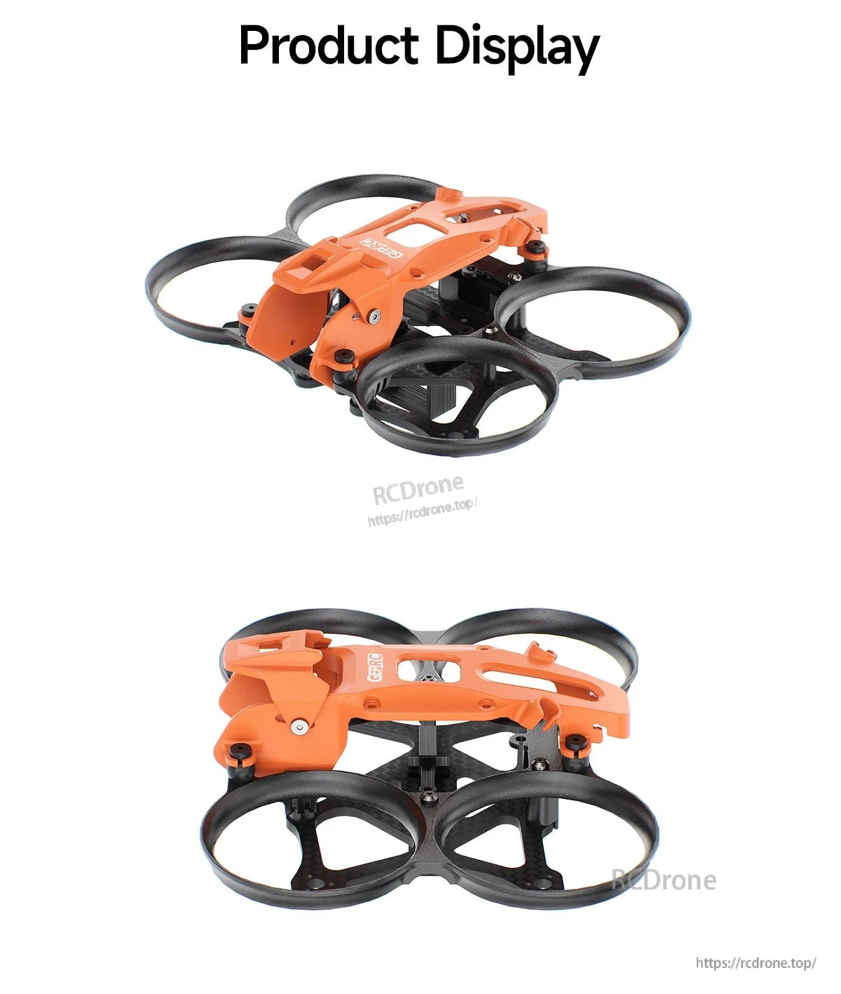 GEPRC GEP-DS16 FPV Frame, GEPRC GEP-DS16 FPV drone frame with orange top plate and black ducted prop guards, shown from two angles