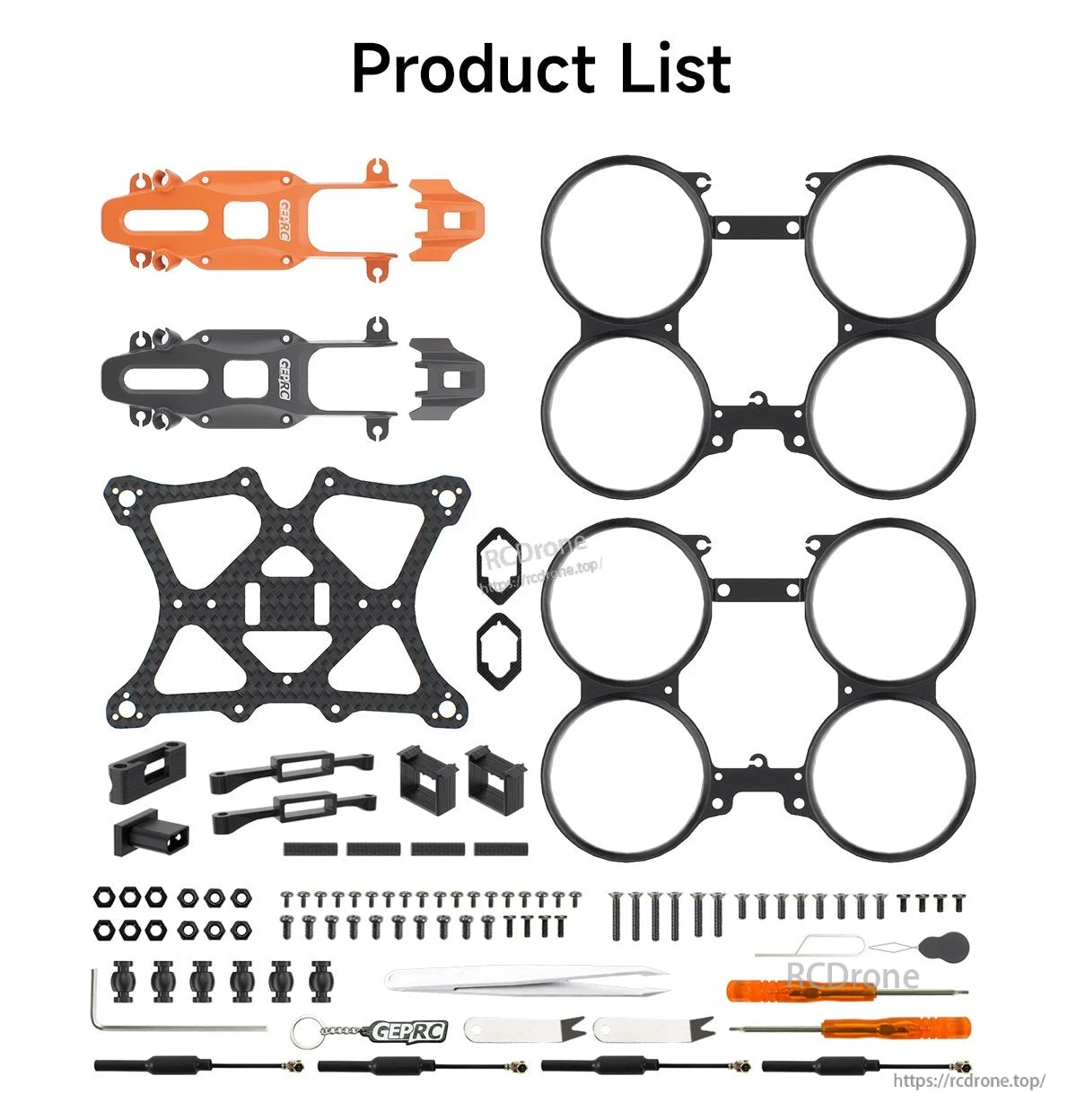 GEPRC GEP-DS16 FPV frame kit parts list with carbon fiber plate, duct guards, mounting hardware, and tools