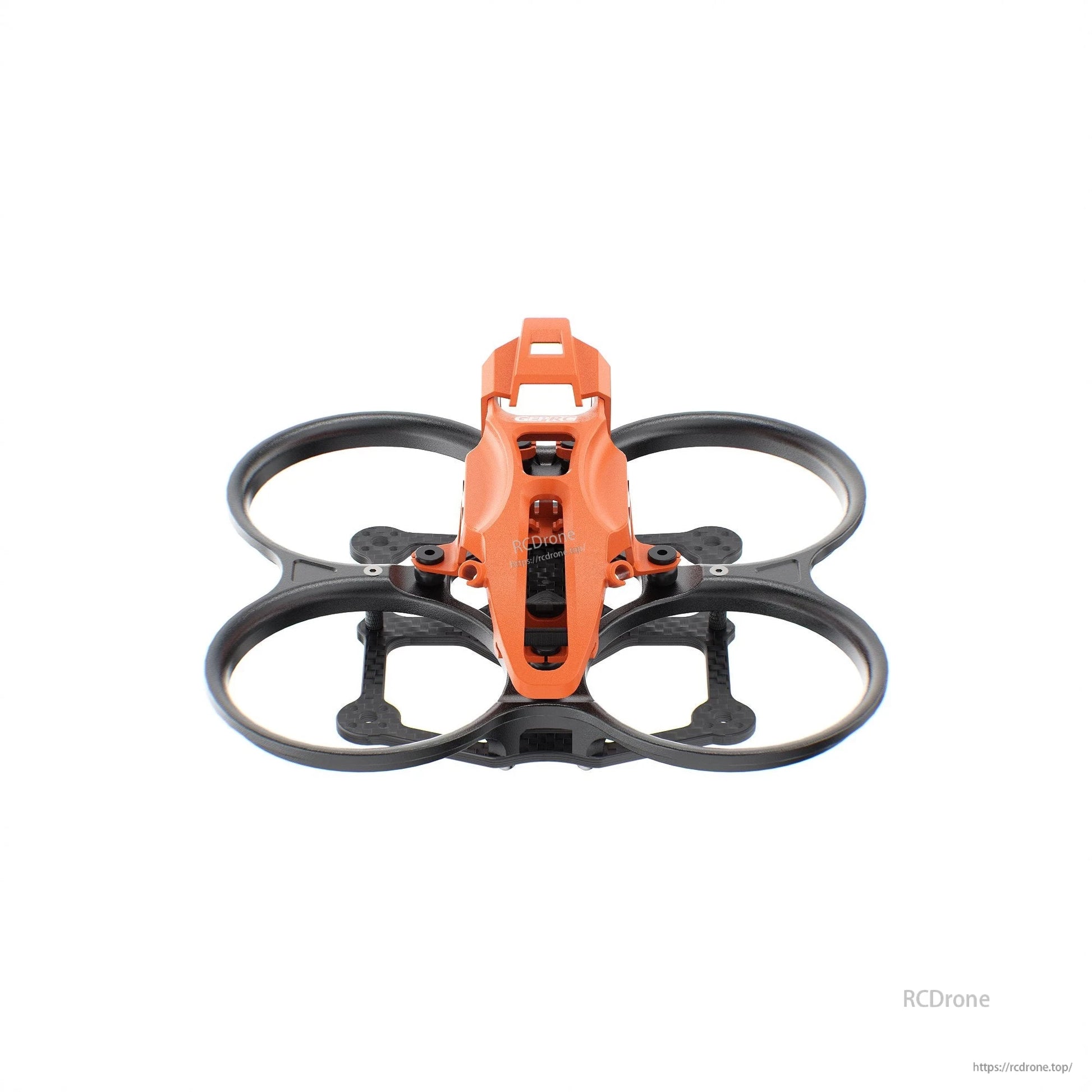 GEPRC GEP-DS22 FPV Frame, GEPRC GEP-DS22 FPV cinewhoop frame with four ducted prop guards, carbon fiber plates, and orange canopy