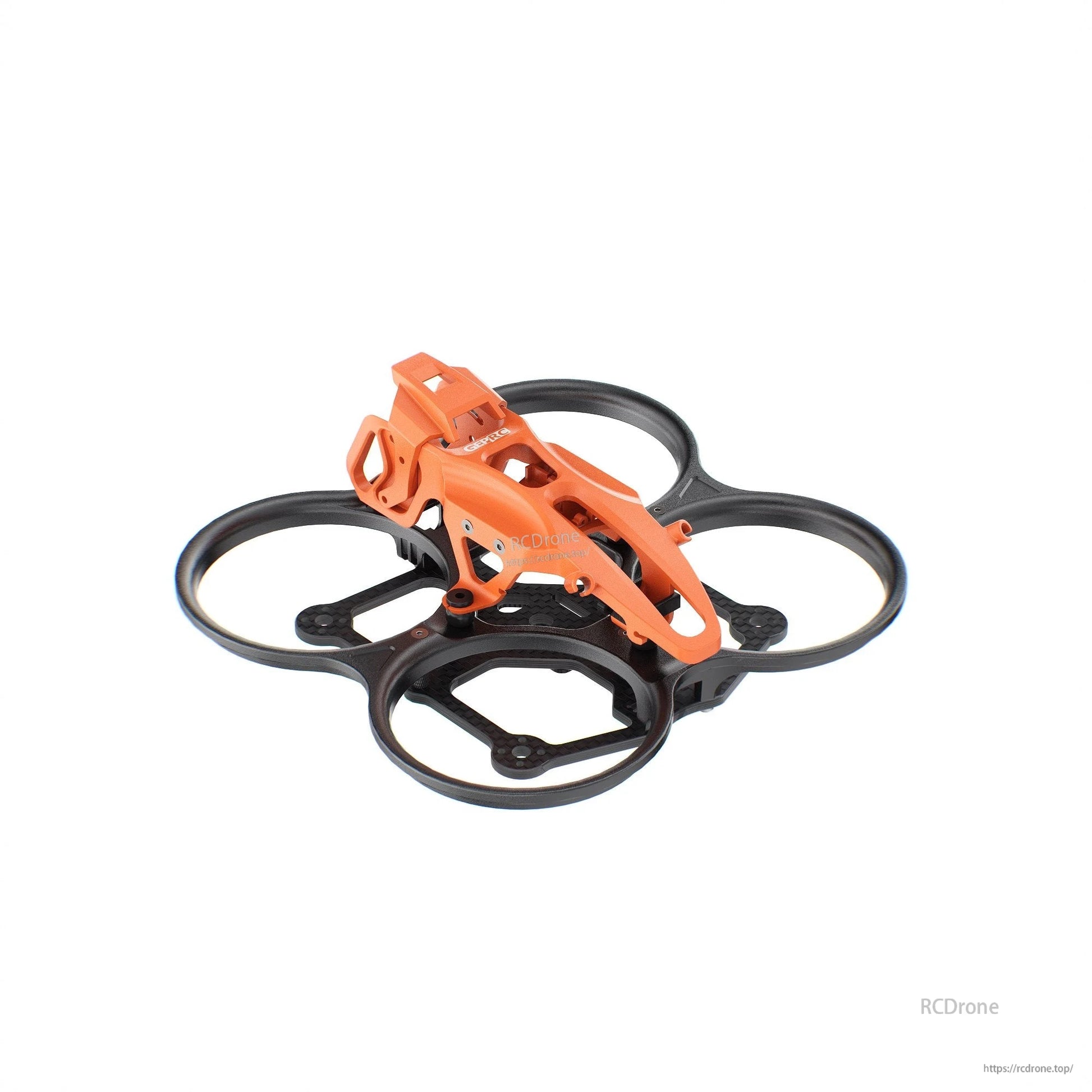 GEPRC GEP-DS22 FPV Frame, GEPRC GEP-DS22 FPV ducted frame with orange canopy and black prop guard ducts on a carbon base