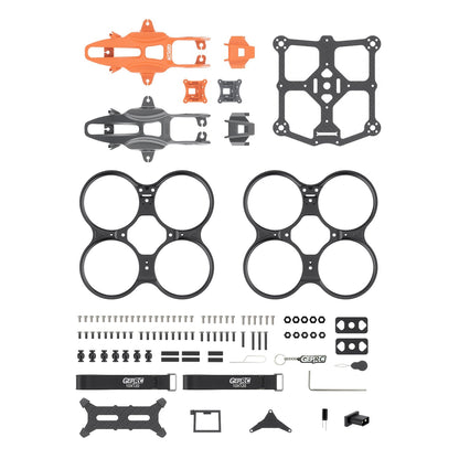 GEPRC GEP-DS22 FPV frame kit parts laid out with duct guards, carbon plates, mounting hardware, and straps