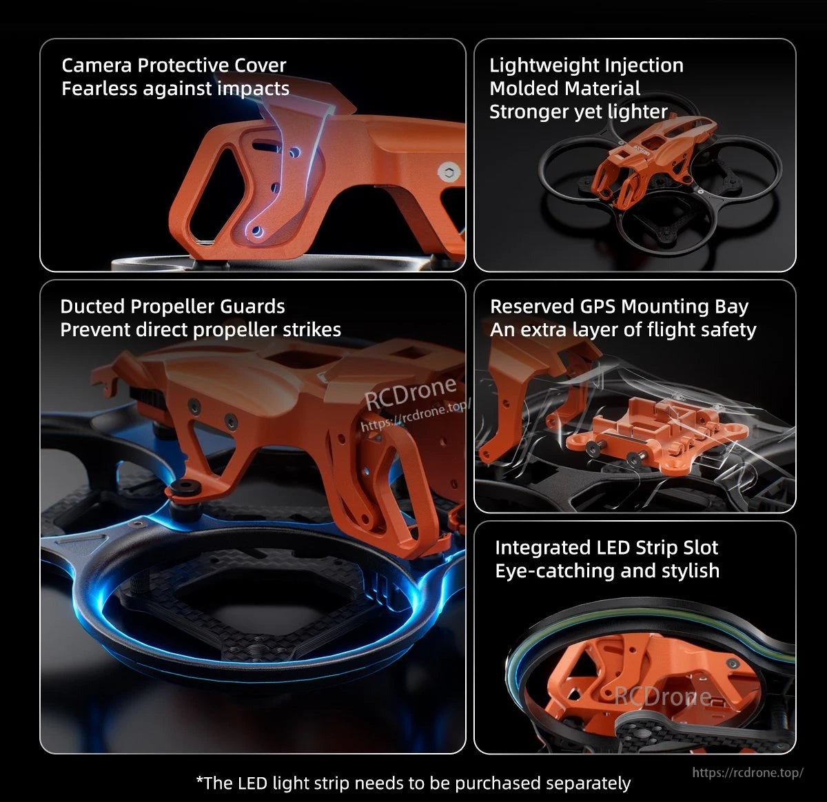 GEPRC GEP-DS22 FPV Frame, GEPRC GEP-DS22 FPV drone frame with orange canopy, ducted prop guards, GPS bay, and LED strip slot