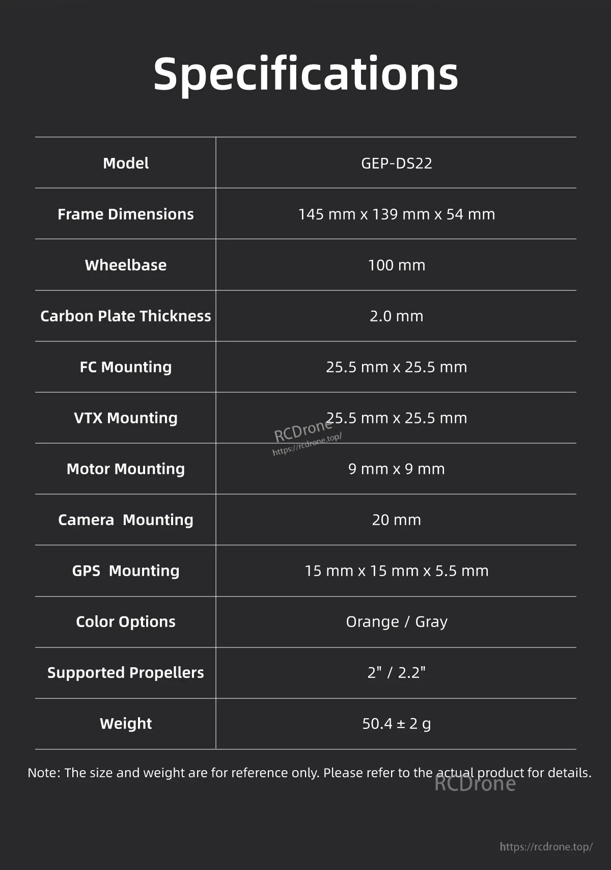 GEPRC GEP-DS22 FPV frame specifications table with 100mm wheelbase, 2.0mm carbon plate and 25.5x25.5 mounts