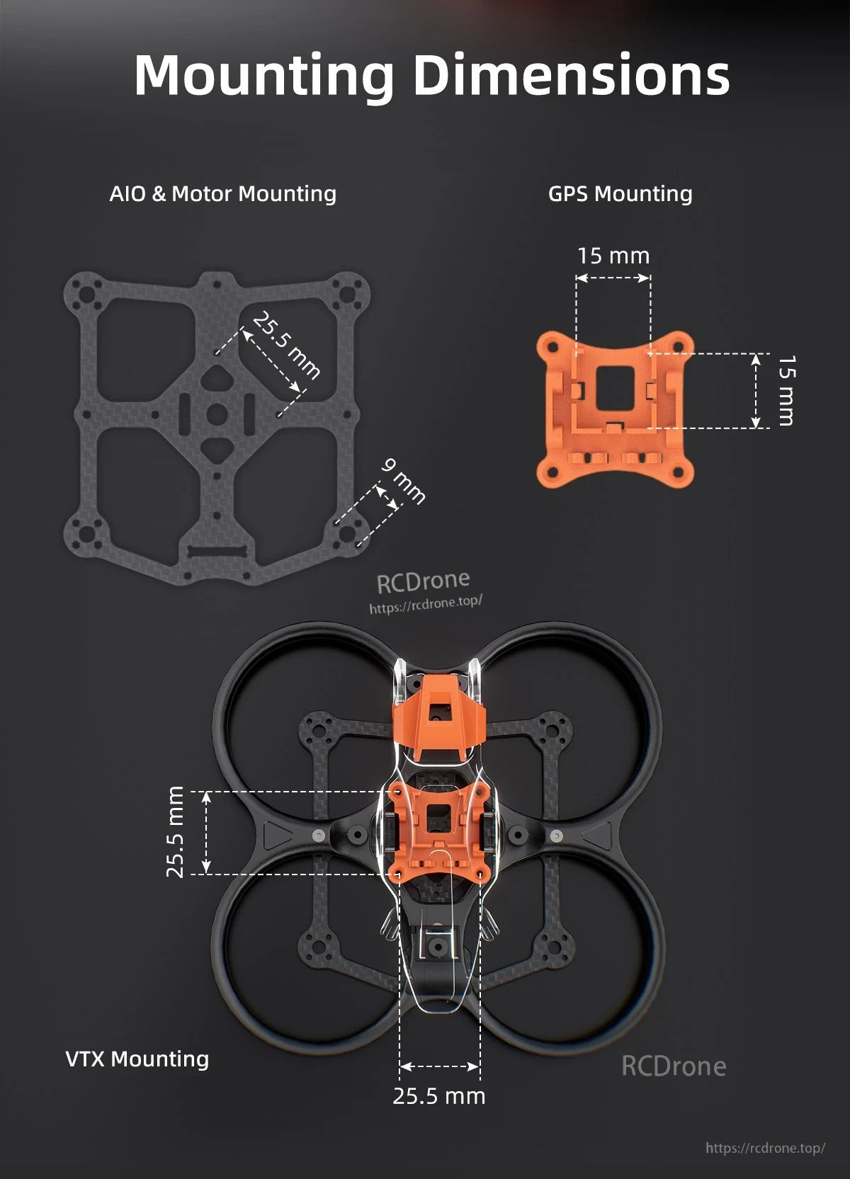 GEPRC GEP-DS22 FPV frame mounting dimensions showing 25.5mm AIO/VTX holes, 9mm motor mount and 15mm GPS mount