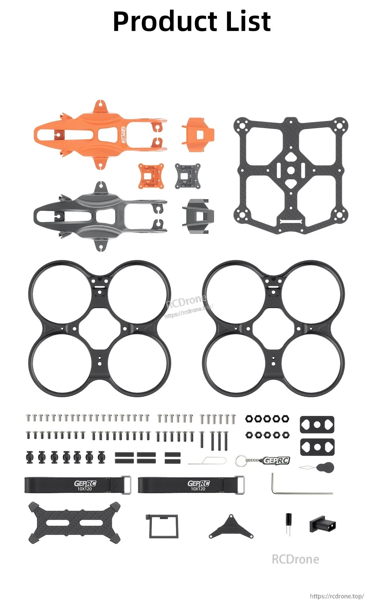 GEPRC GEP-DS22 FPV frame kit parts layout with carbon fiber plates, duct guards, canopy shells, screws and straps