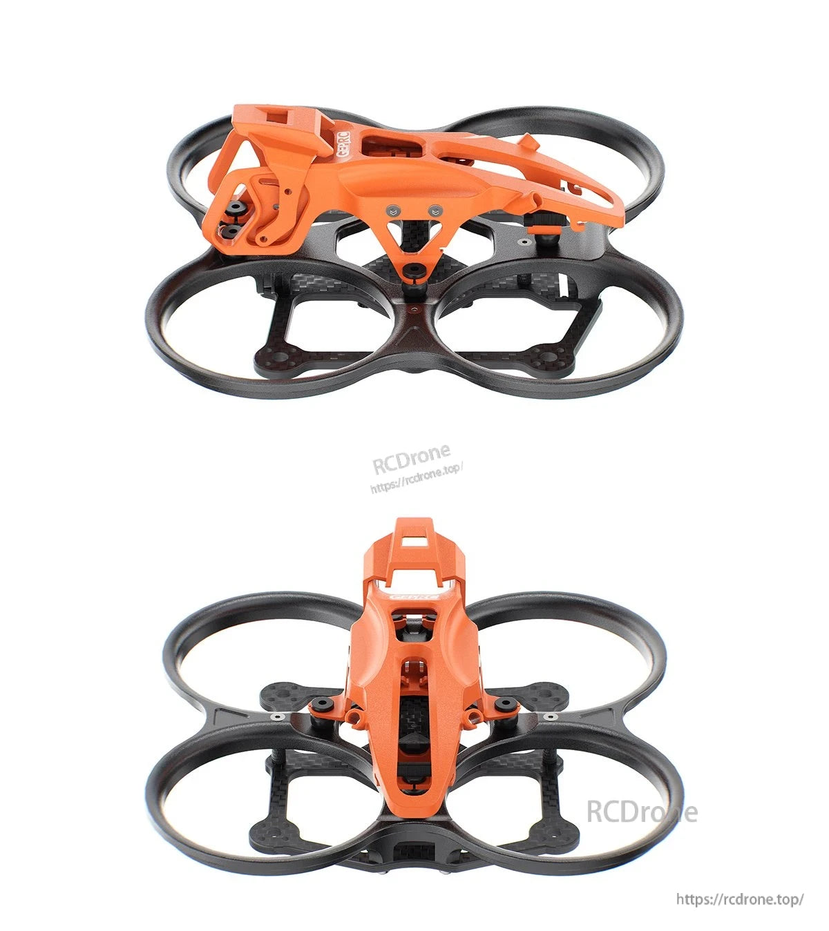 GEPRC GEP-DS22 FPV frame with orange canopy and four ducted prop guards, shown from side and top angles