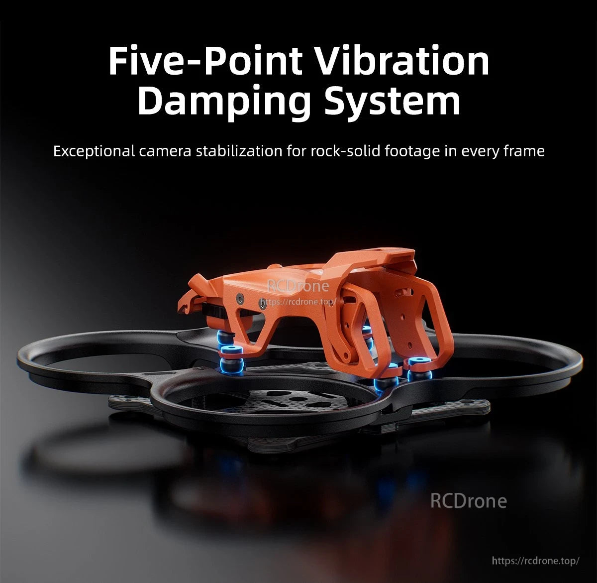 GEPRC GEP-DS22 FPV frame with orange five-point vibration damping camera mount and blue isolators