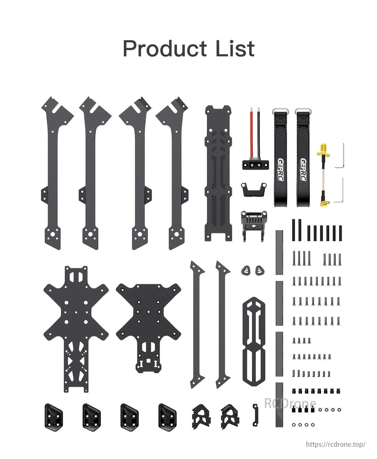 GEPRC EF10 FPV Drone, Specifications for GEP EF10-inch frame, including dimensions, motor and fixing hole sizes, plate thicknesses, and recommended kits.