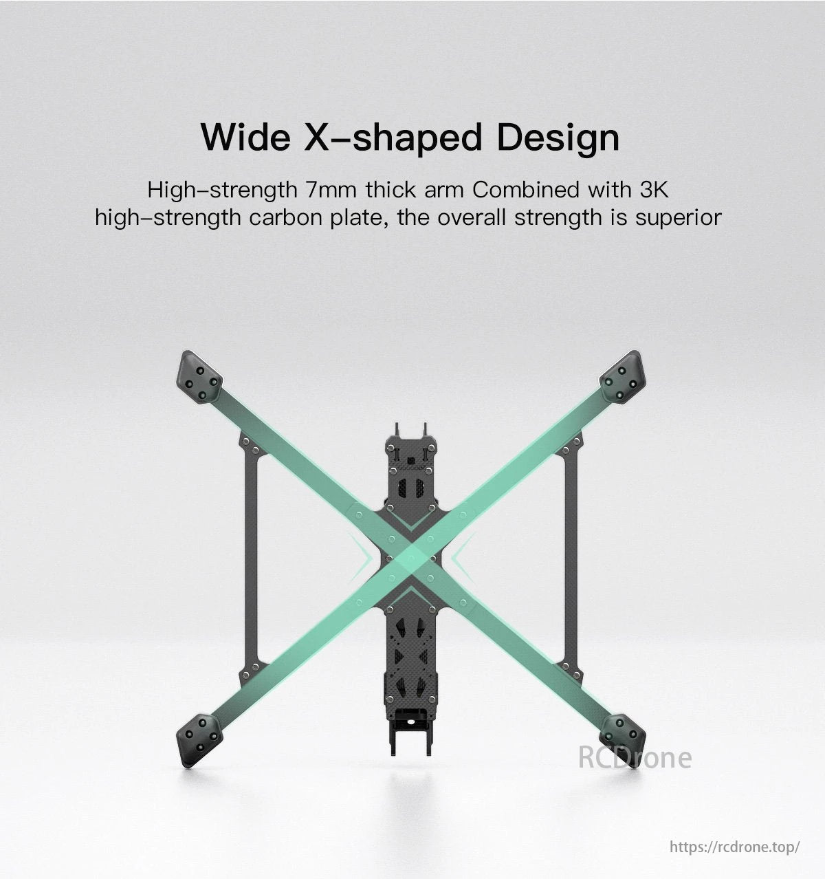 GEPRC EF10 FPV Drone, Wide X-shaped design with 7mm thick arms and 3K carbon plate for superior strength.