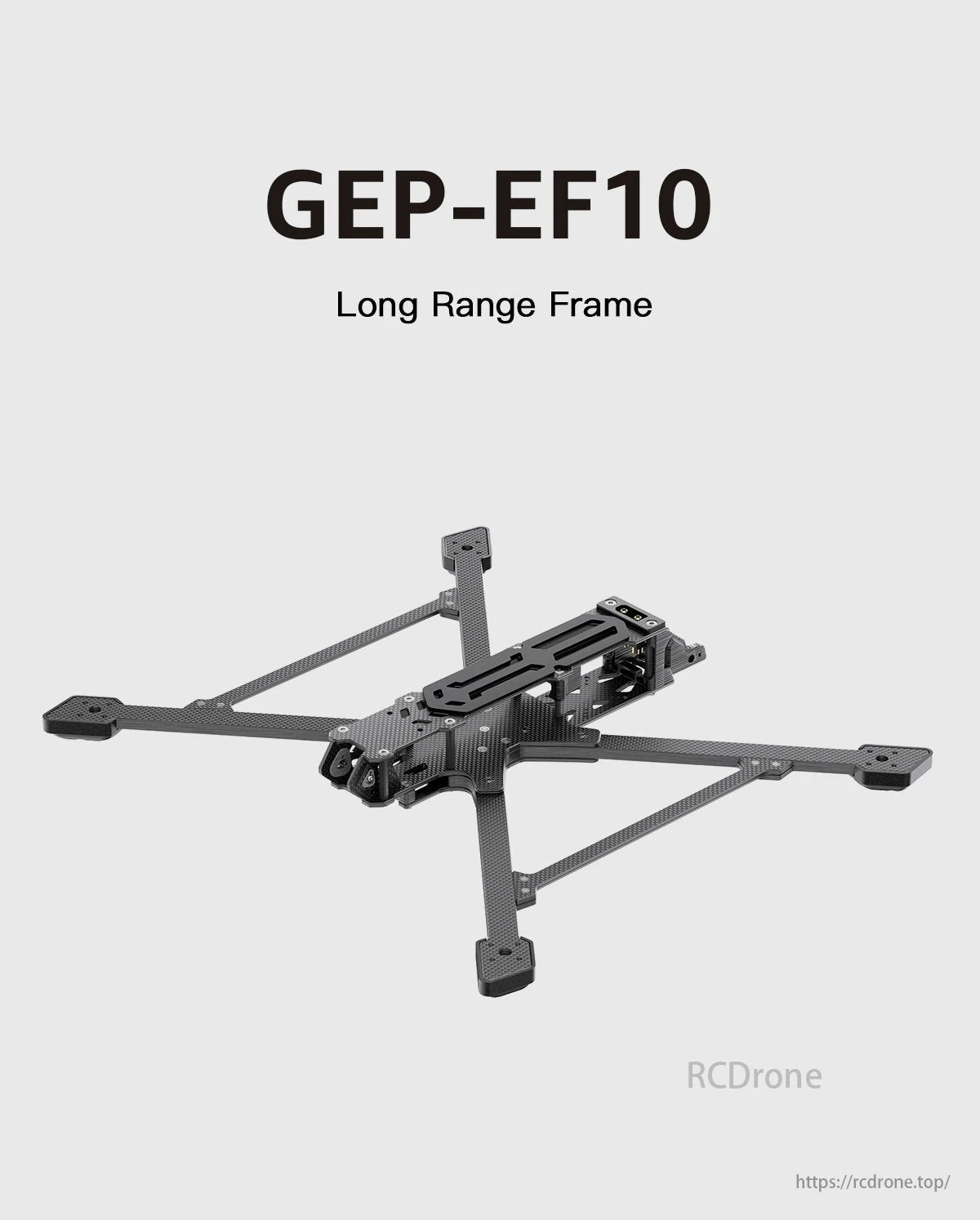 GEPRC EF10 FPV Drone, Specifications for GEP EF10-inch frame, including dimensions, motor and plate thicknesses, fixing hole sizes, stack mounting height, and recommended kits.