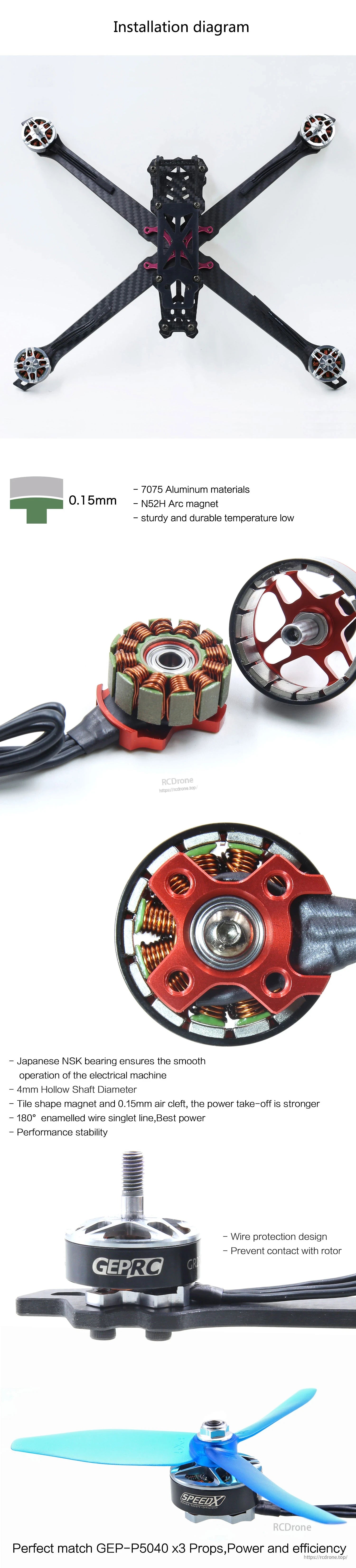 GEPRC GEP-GR2207 2400KV Brushless FPV Motor, GEPRC GEP-GR2207 brushless FPV motor close-up with 4mm hollow shaft, red mount, and installation layout on quad frame