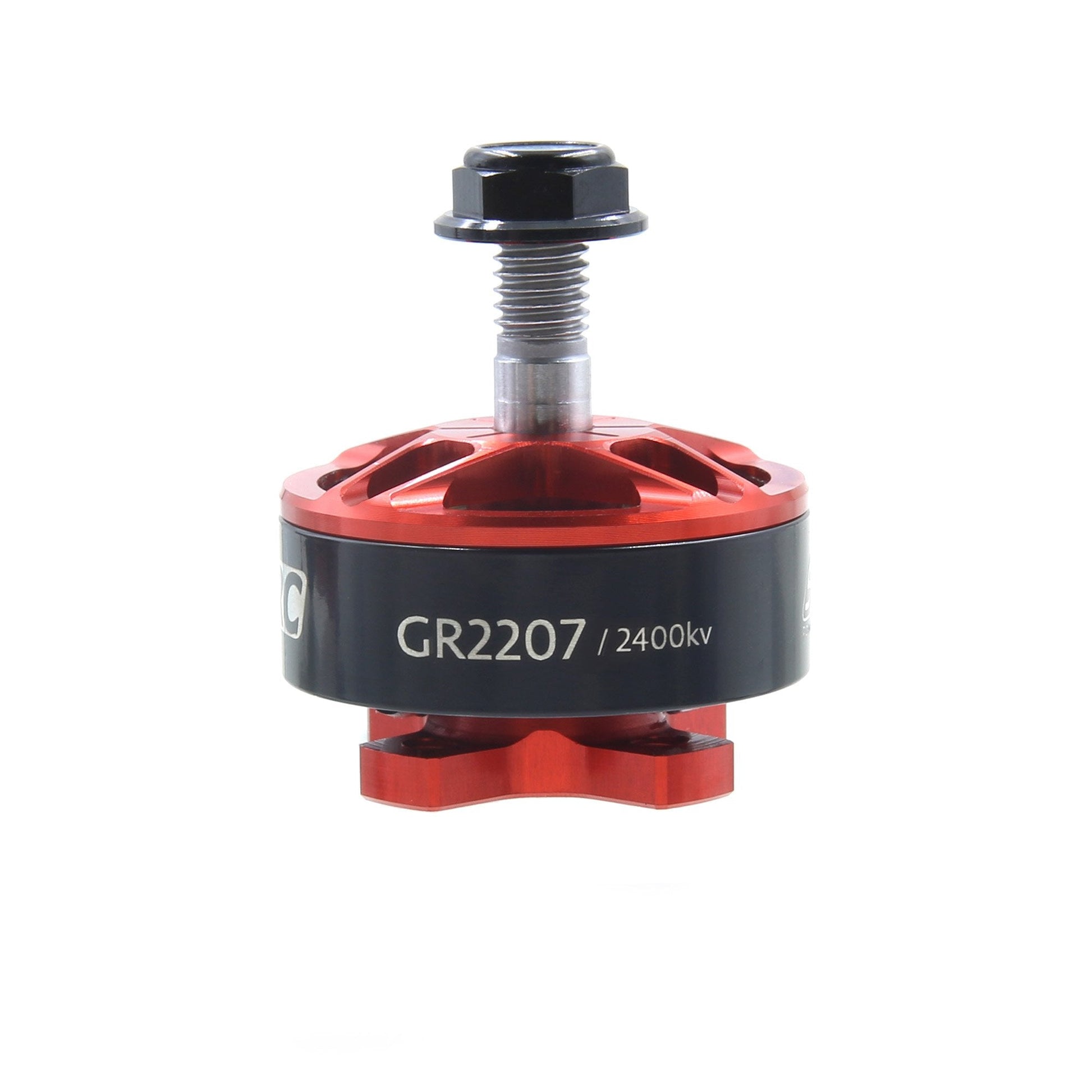 GEPRC GEP-GR2207 2400KV Brushless FPV Motor, GEPRC GR2207 2400KV brushless FPV motor with red top, black can, and threaded prop shaft with nut