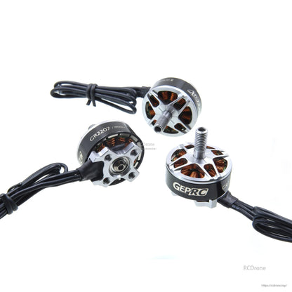GEPRC GEP-GR2207 2400KV Brushless FPV Motor, GEPRC GR2207 brushless FPV drone motor with threaded shaft, open bell design, and long black leads