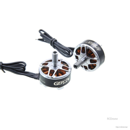 Pair of GEPRC GEP-GR2207 2400KV brushless FPV motors with silver bell, copper windings, and motor leads
