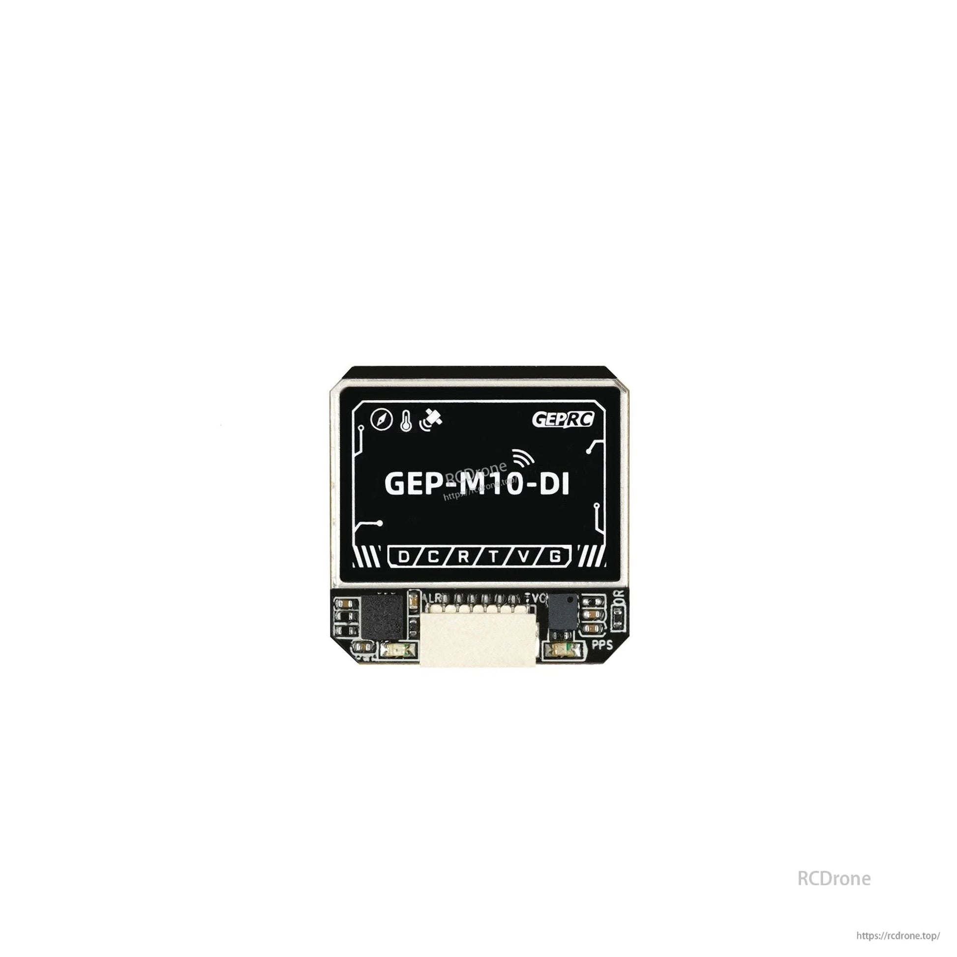 GEPRC GEP-M10 Series GPS, GEPRC GEP-M10-DI GPS module with plug connector and labeled pads (D/C/R/T/V/G) on a compact board