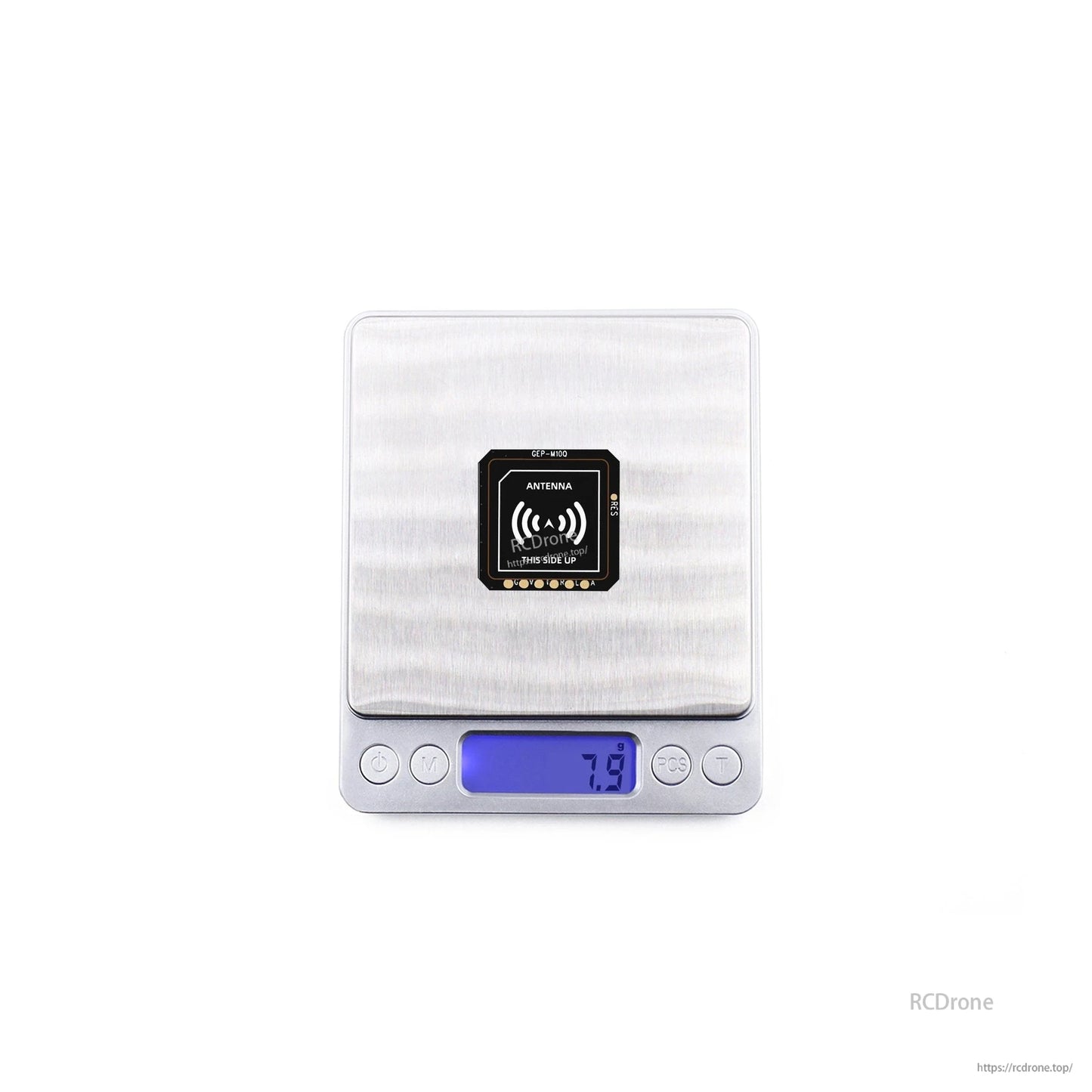 GEPRC GEP-M10 Series GPS, GEPRC GEP-M10 GPS antenna module on a digital scale showing 7.9 g, compact PCB with top-side label