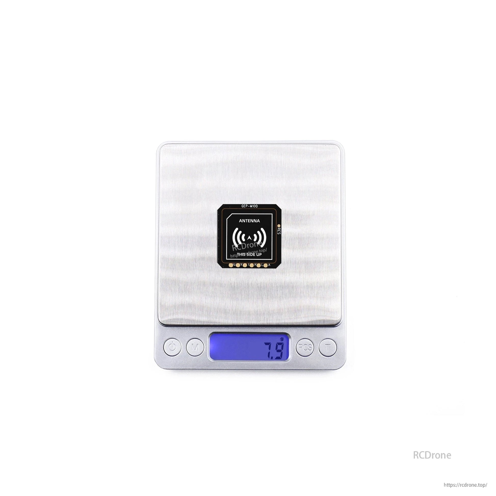 GEPRC GEP-M10 Series GPS, GEPRC GEP-M10 GPS antenna module on a digital scale showing 7.9 g, compact PCB with top-side label