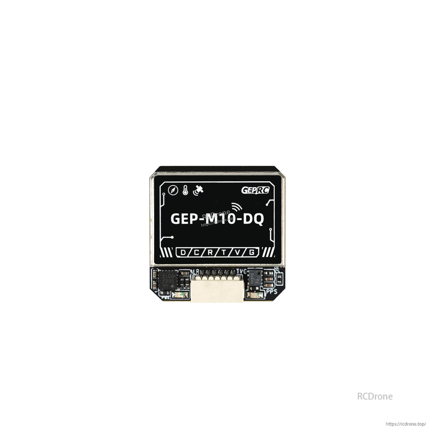 GEPRC GEP-M10 Series GPS, GEPRC GEP-M10-DQ GPS module with bottom plug connector and D/C/R/T/V/G pin labels plus PPS mark