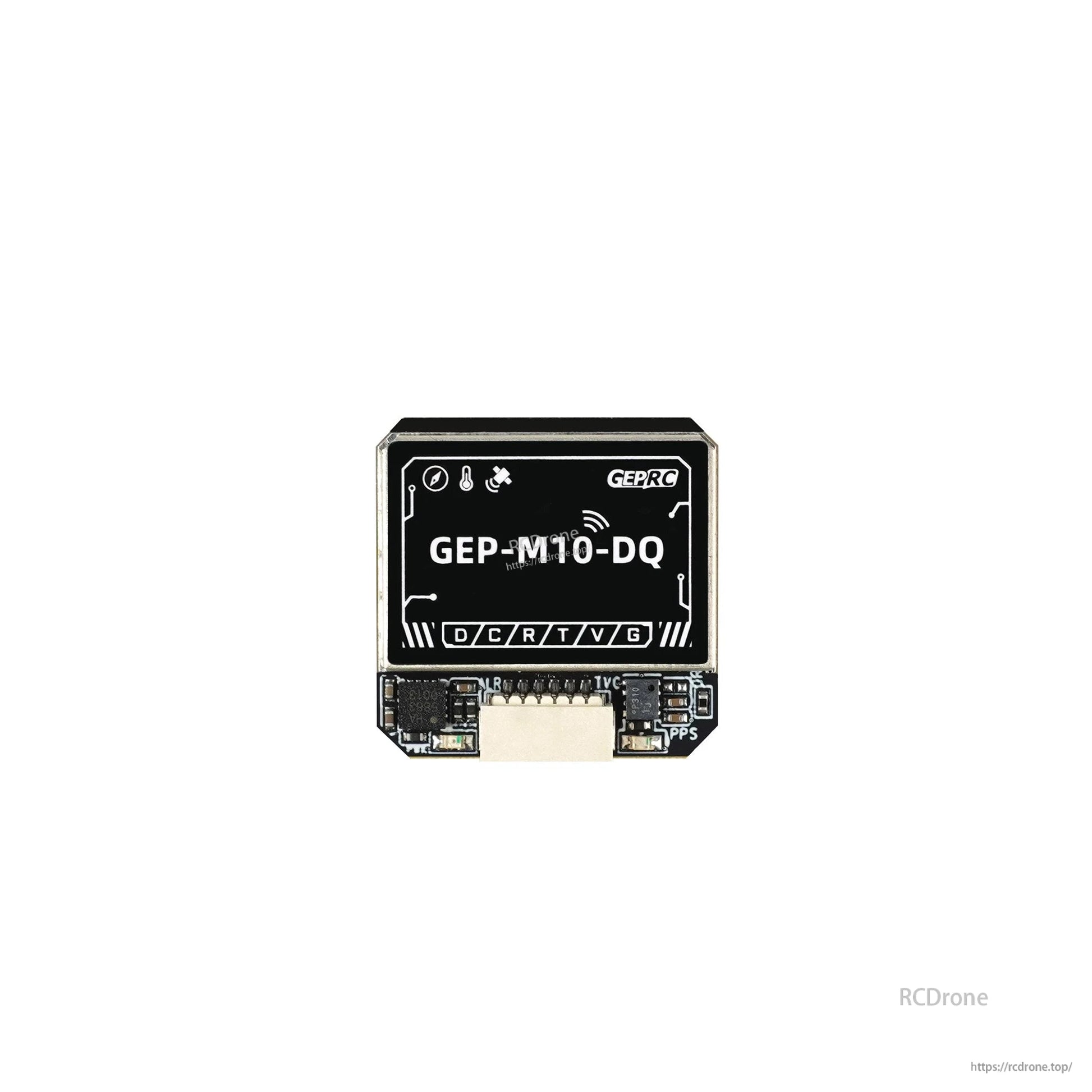 GEPRC GEP-M10 Series GPS, GEPRC GEP-M10-DQ GPS module with bottom plug connector and D/C/R/T/V/G pin labels plus PPS mark