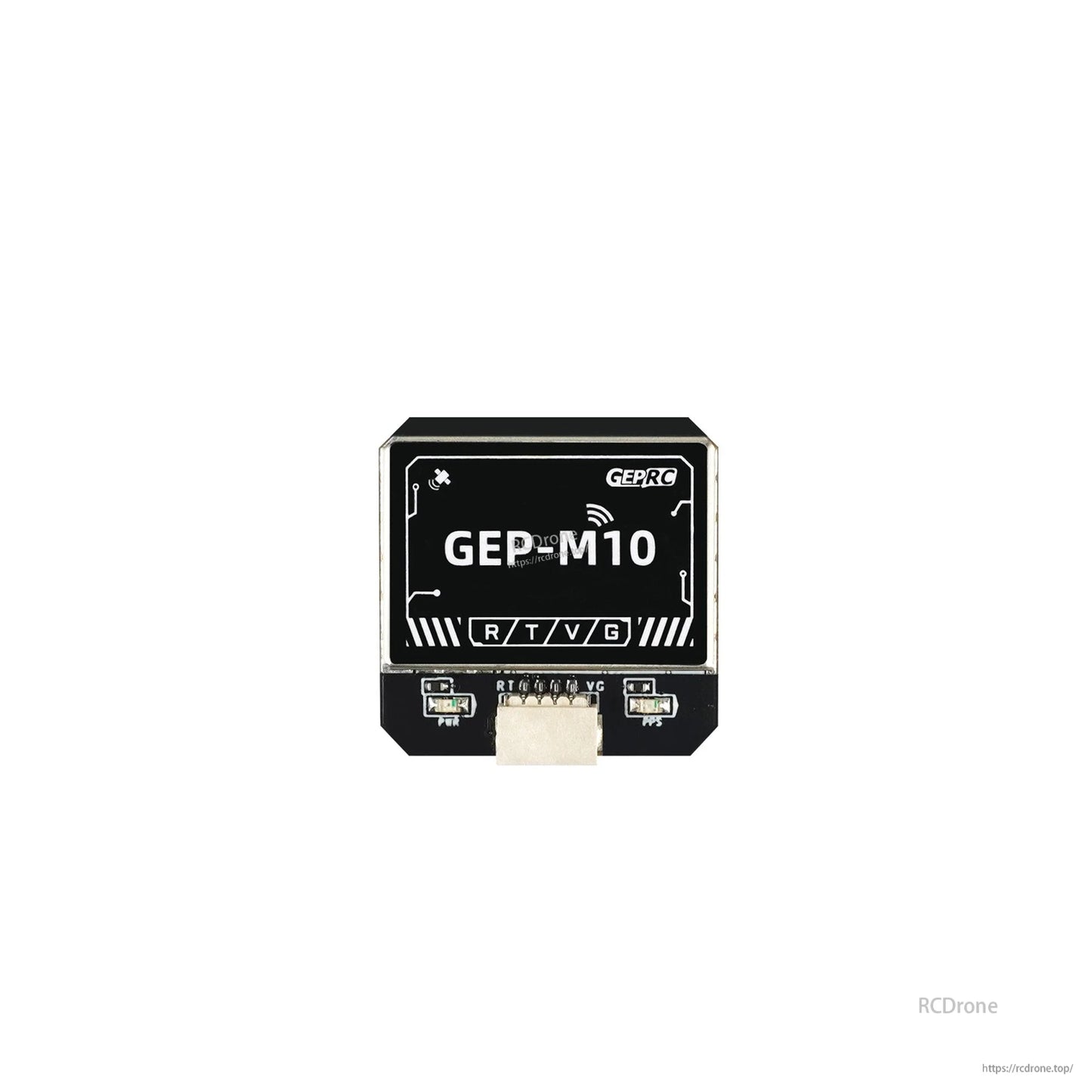 GEPRC GEP-M10 Series GPS, GEPRC GEP-M10 GPS module with 4-pin connector and labeled R T V G pads on a compact black PCB