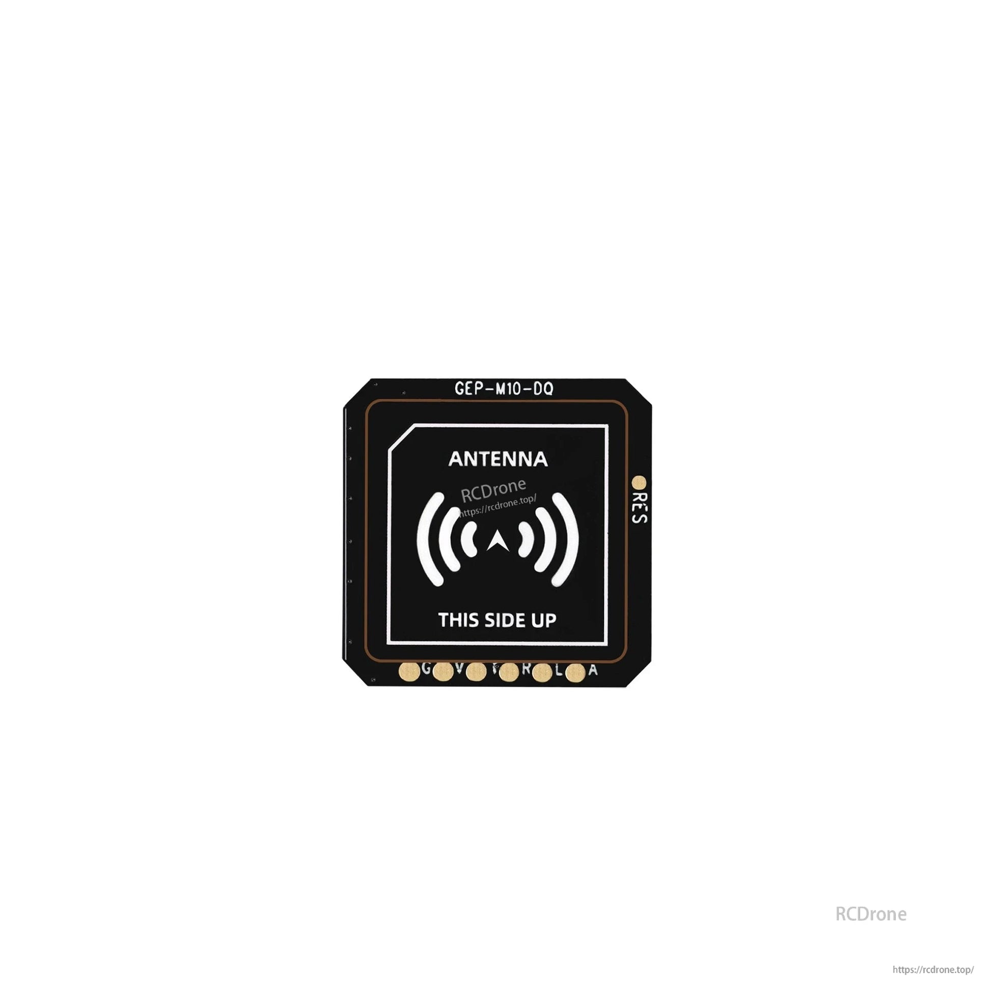 GEPRC GEP-M10 series GPS patch antenna board labeled “THIS SIDE UP” with corner mounting holes