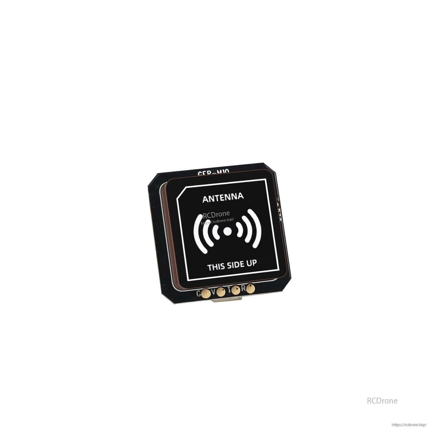 GEPRC GEP-M10 series GPS patch antenna module with “THIS SIDE UP” marking and G V T R solder pads