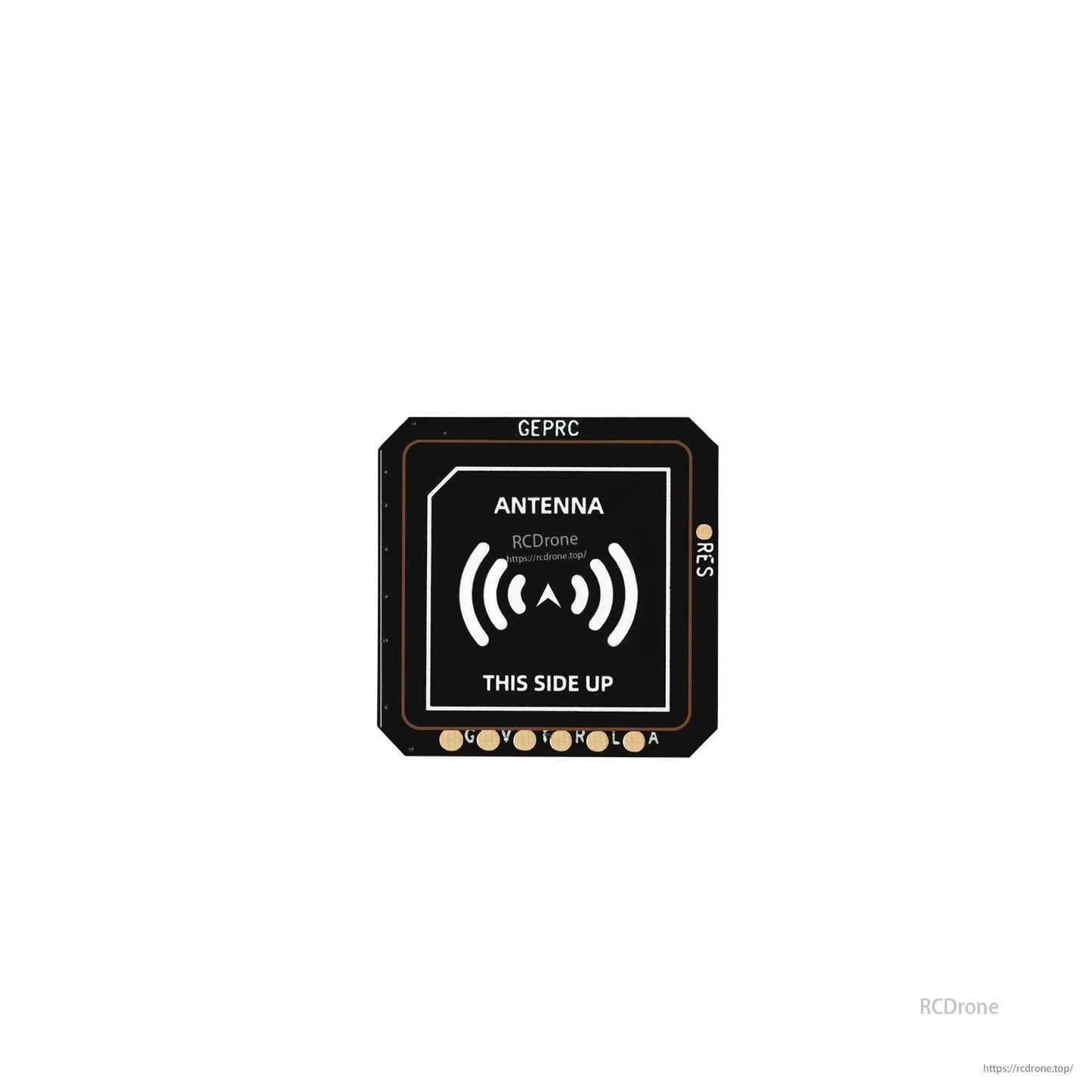 GEPRC GEP-M10 series GPS antenna board with “THIS SIDE UP” marking and edge solder pads on black PCB