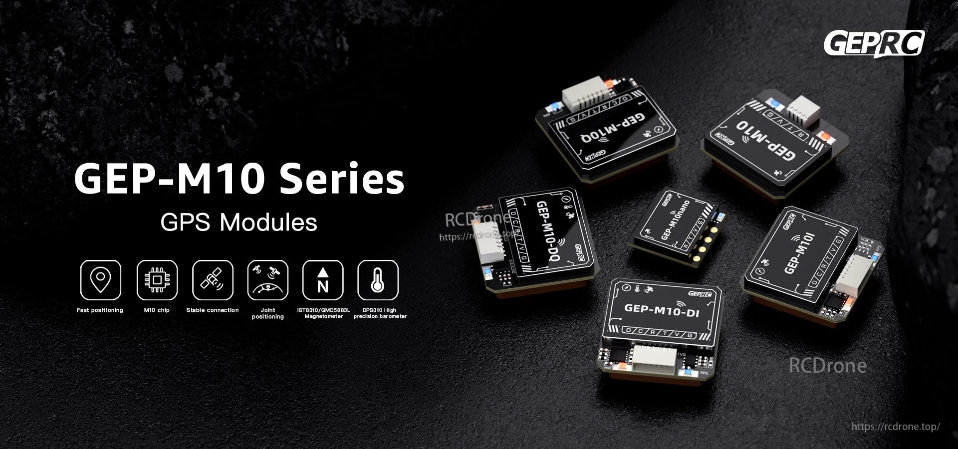 GEPRC GEP-M10 Series GPS modules assortment with labeled boards and JST connectors, including GEP-M10 and M10nano