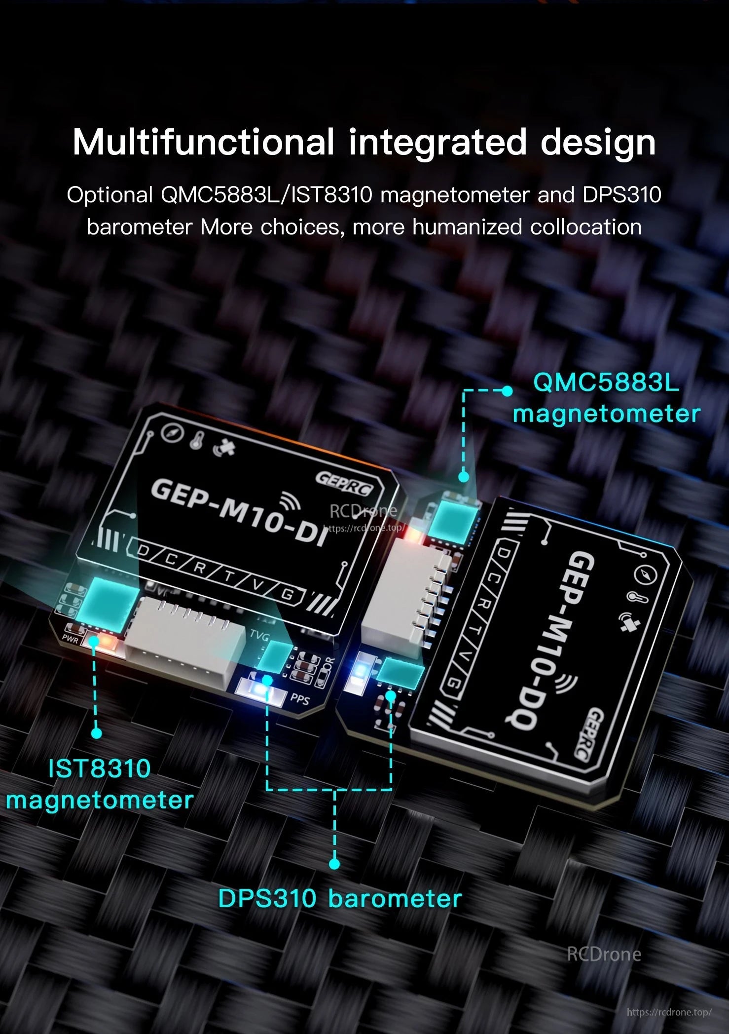 GEPRC GEP-M10 series GPS modules with connector, showing optional QMC5883L/IST8310 magnetometer and DPS310 barometer