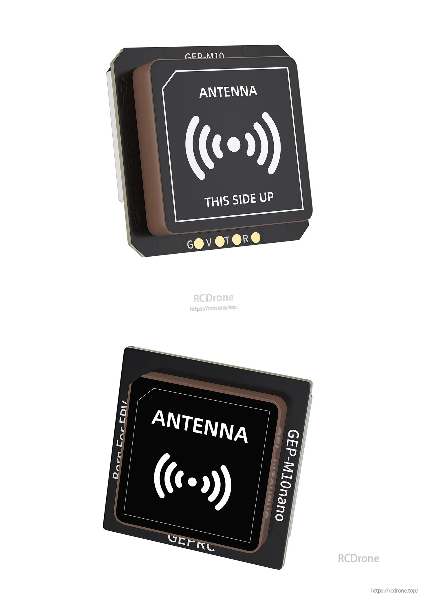 GEPRC GEP-M10 series GPS module with square patch antenna, “THIS SIDE UP” label, and compact black housing