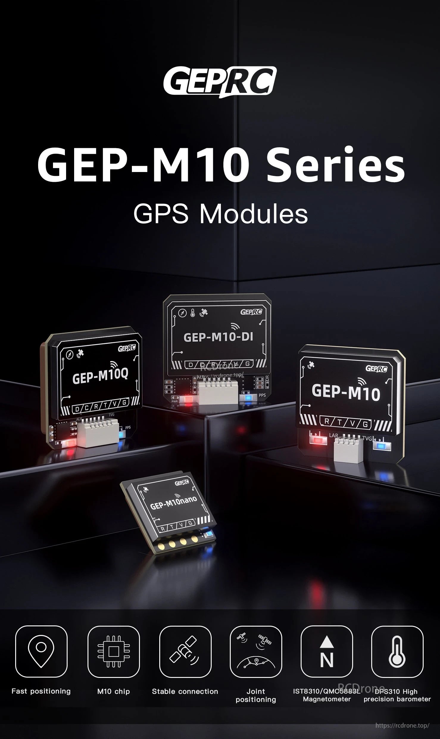 GEPRC GEP-M10 Series GPS modules lineup including GEP-M10, M10Q, M10-DI and M10nano with connector ports