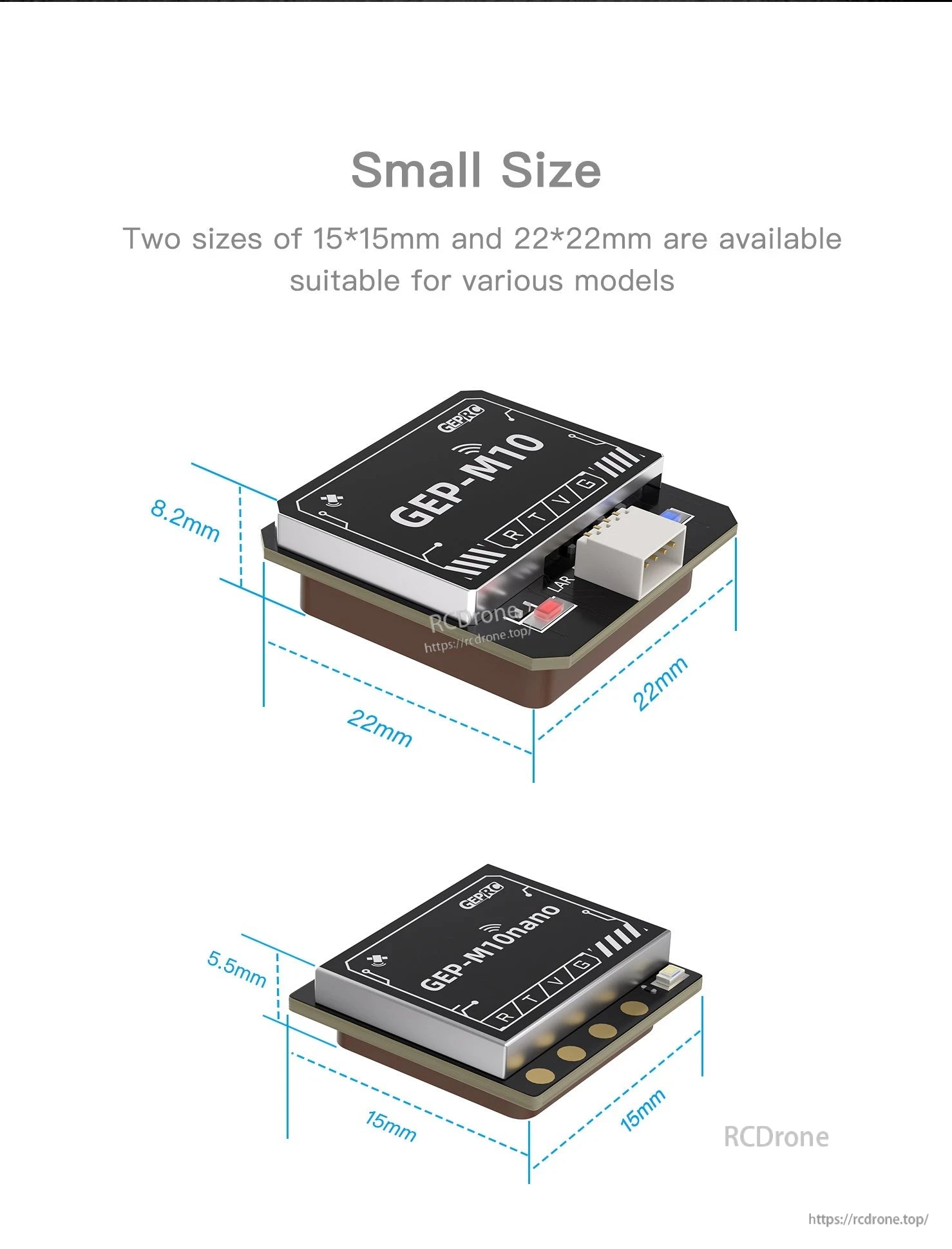 GEPRC GEP-M10 Series GPS, GEPRC GEP-M10 GPS modules in 22×22mm and 15×15mm sizes, showing connector layout and low-profile height