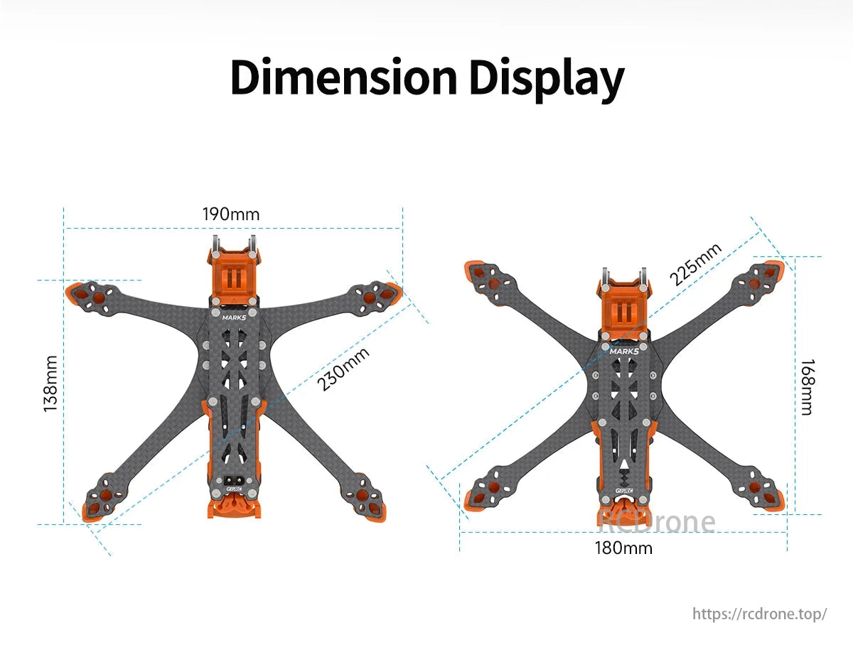 GEPRC MK5 Pro FPV Drone, GEPRC GEP-MK5 O4 Pro Wide X 230mm Wheel 5 Inch FPV Drone Frame dimensions: 230mm width, length, height.