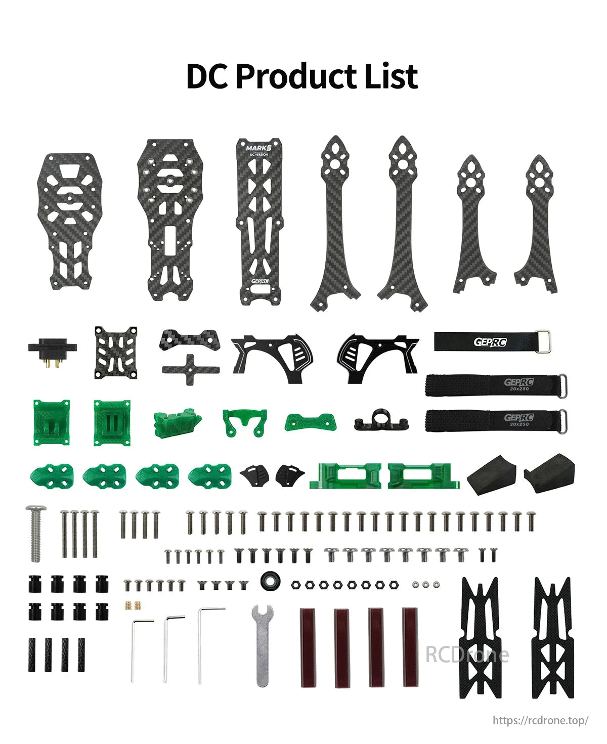 GEPRC MK5 Pro FPV Drone, GEPRC GEP-MK5 O4 Pro Wide X 230mm FPV Drone Frame product list: carbon fiber parts, green accessories, screws, bolts, tools, and straps.