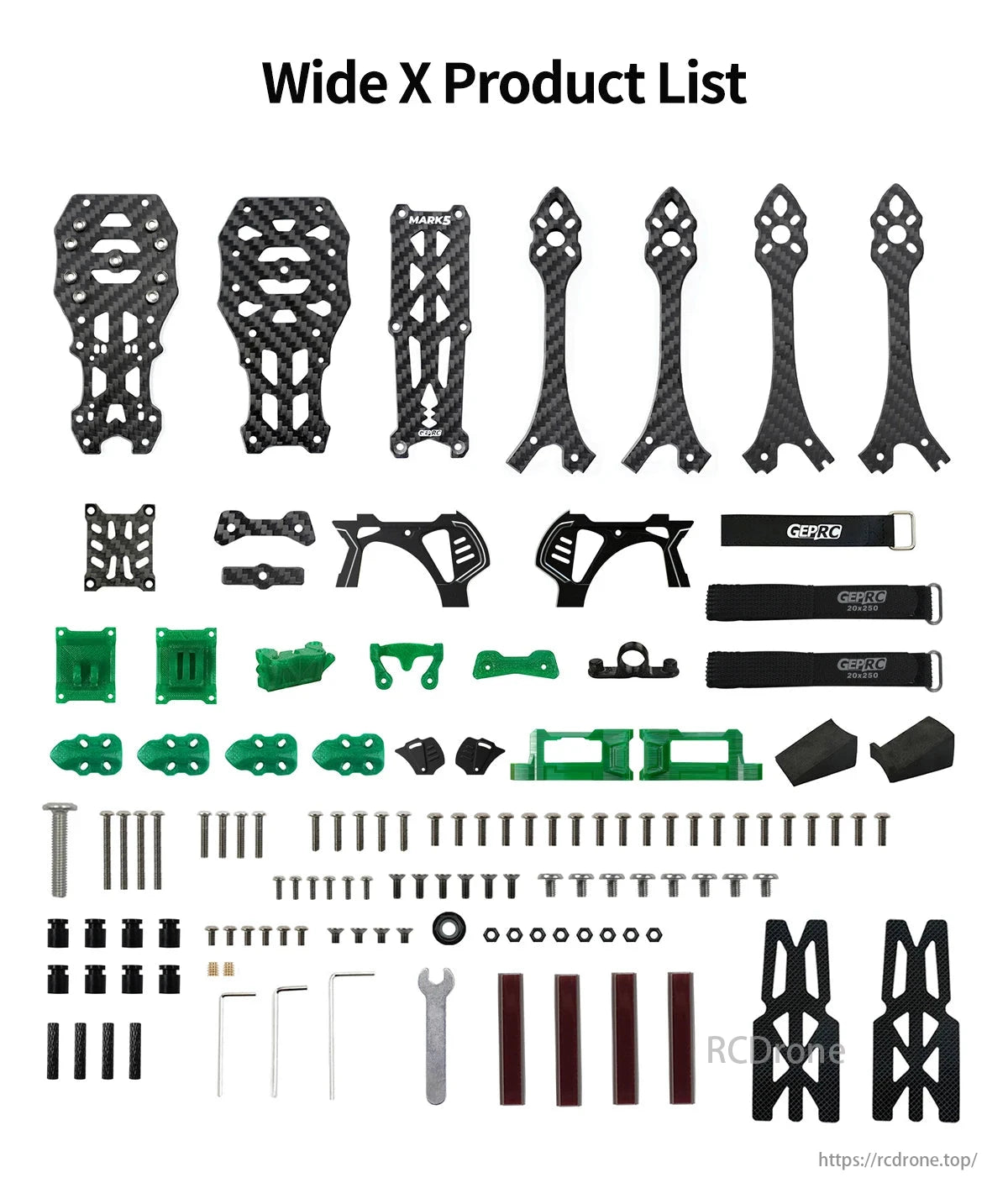 GEPRC MK5 Pro FPV Drone, The GEPRC GEP-MK5 O4 Pro Wide X 230mm Wheel 5 Inch FPV Drone Frame product list includes carbon fiber parts, green plastic pieces, screws, bolts, straps, and assembly/maintenance tools.