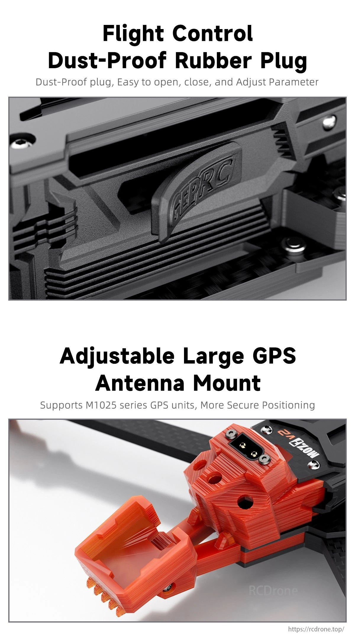 GEPRC GEP-MOZ7 FPV Drone, Dust-proof plug for flight control systems, easy to open/close/adjust, features adjustable GPS antenna mount.