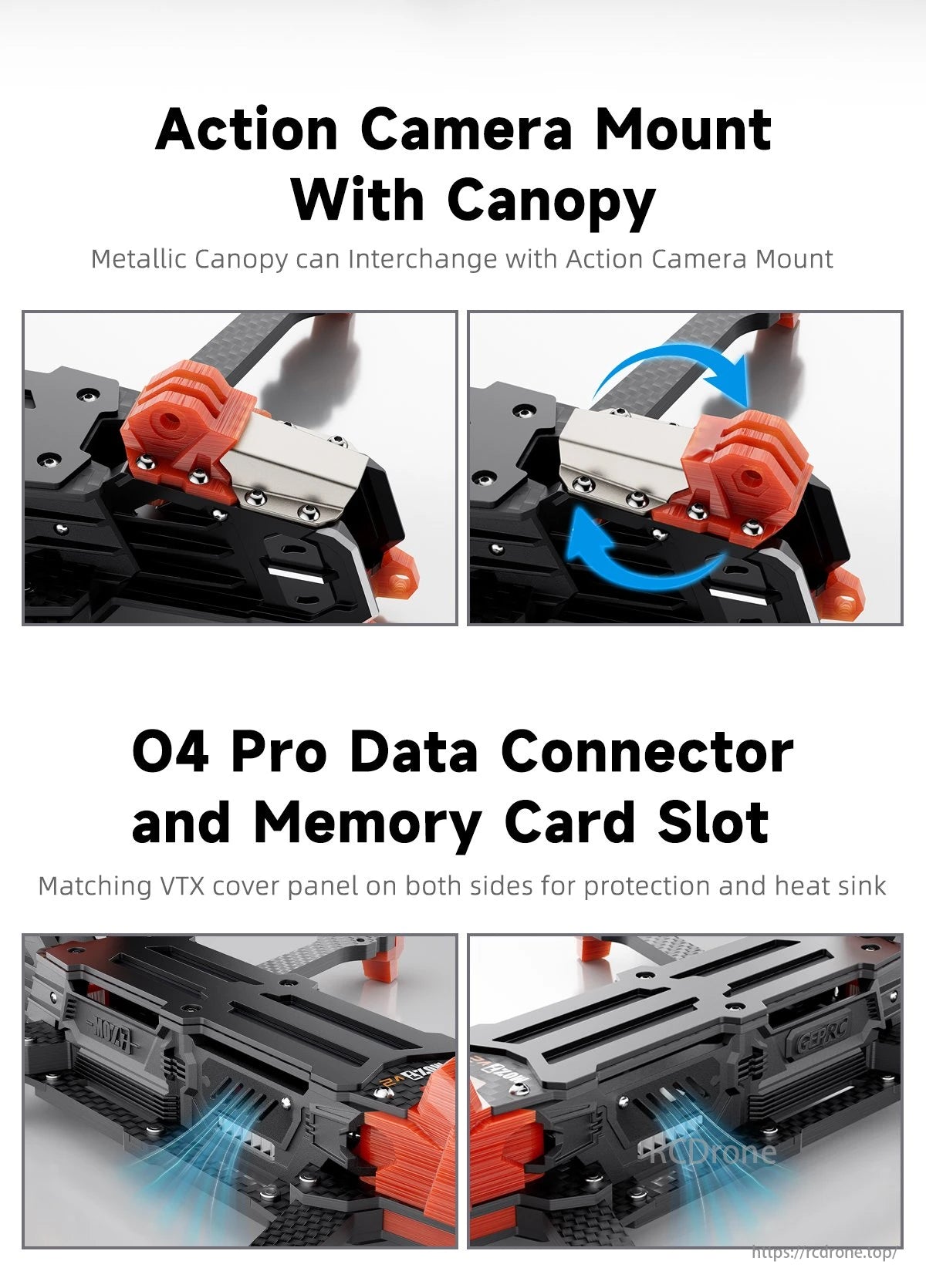 The GEPRC GEP-MOZ7 FPV drone features an action camera mount with canopy and interchangeable components for enhanced performance.