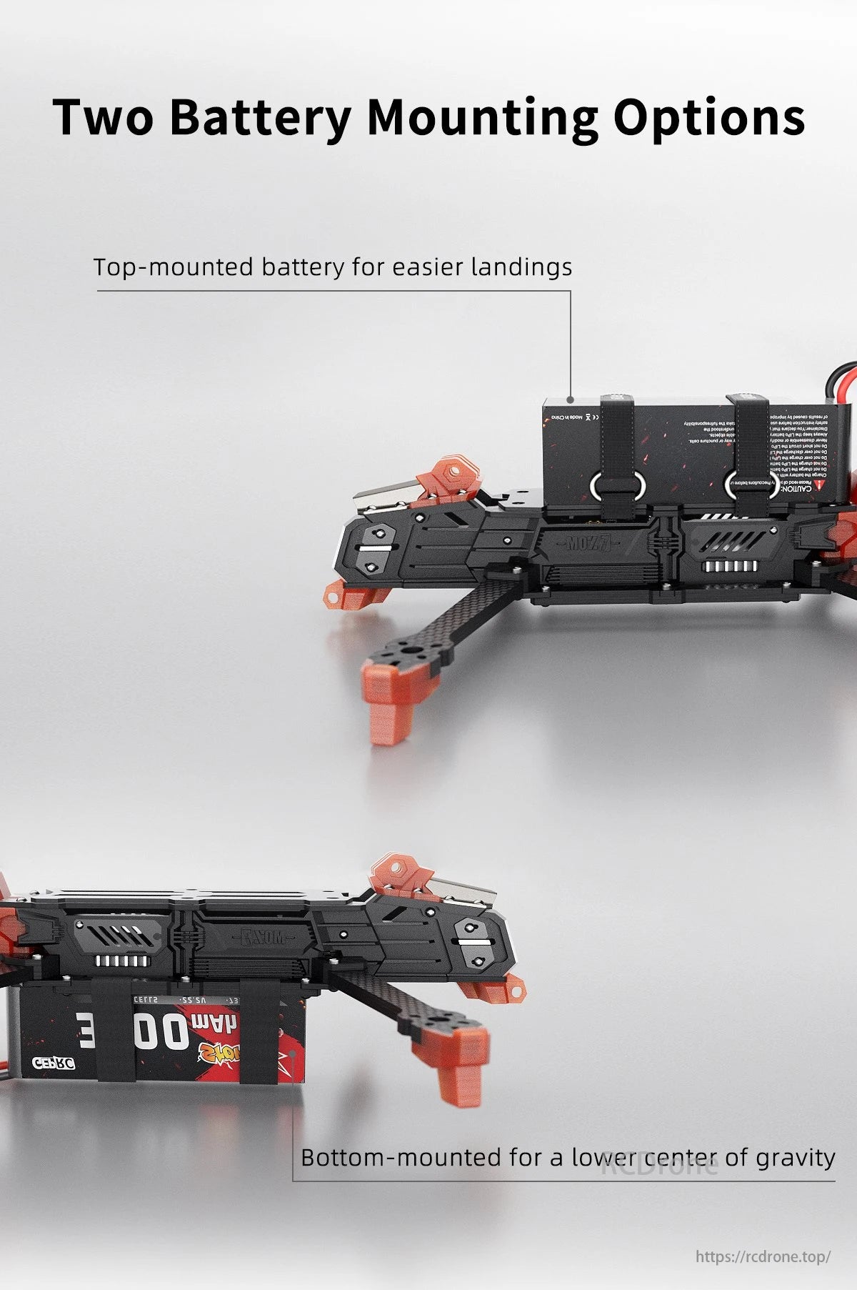 The GEPRC GEP-MOZ7 FPV Drone has two battery mounting options: top-mounted for easy landings and bottom-mounted for low center of gravity.