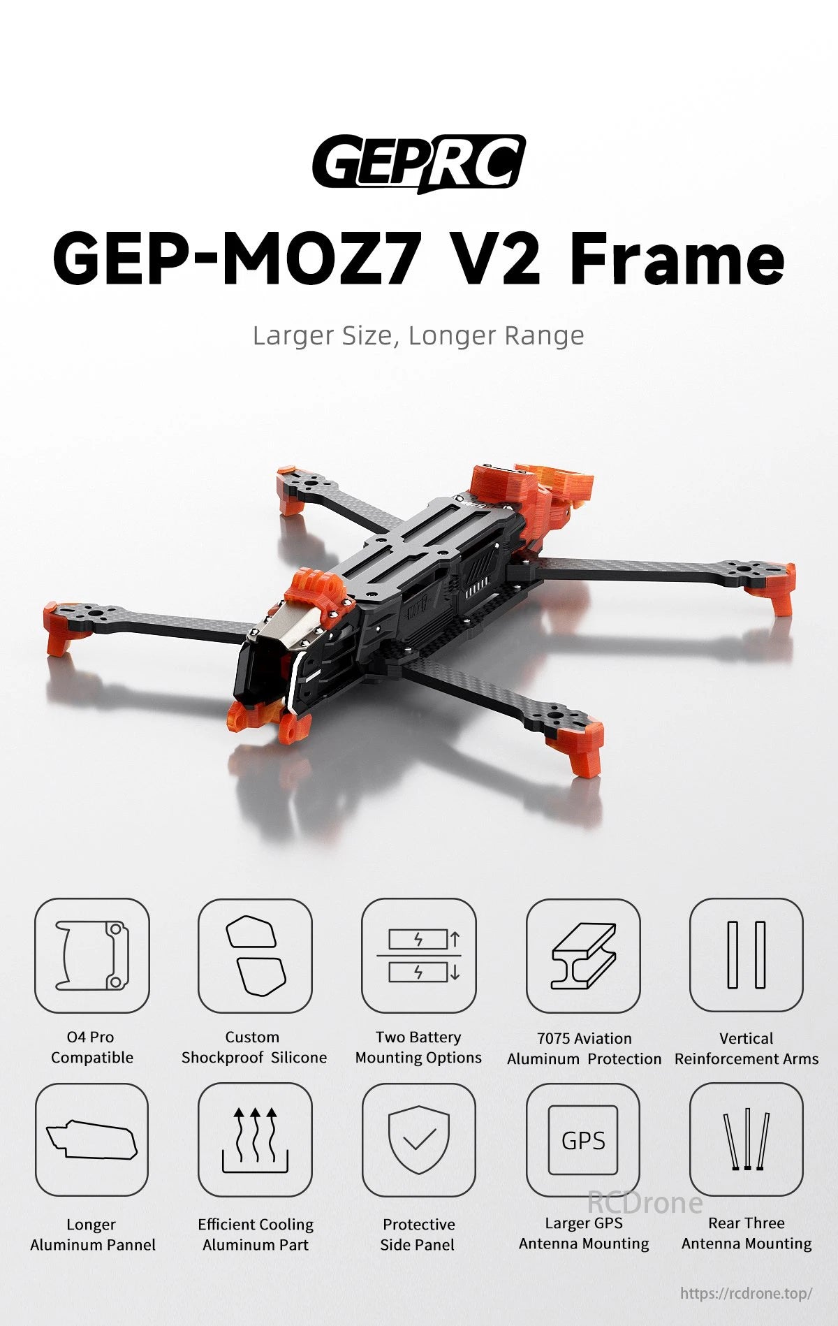 GEPRC GEP-MOZ7 FPV Drone, GEPRC V2 frame features larger size, longer range, and custom battery options, with aluminum protection, shockproof mounting, and cooling enhancements.