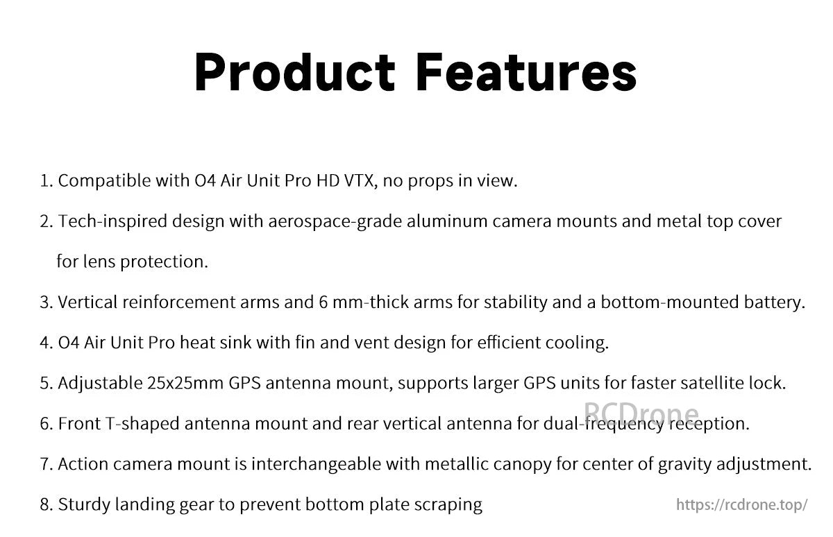 GEPRC GEP-MOZ7 FPV Drone, The product features include compatibility with 04 Air Unit Pro HD VTX, aerospace-grade aluminum mounts, stability arms, efficient cooling, and adjustable GPS antennae.