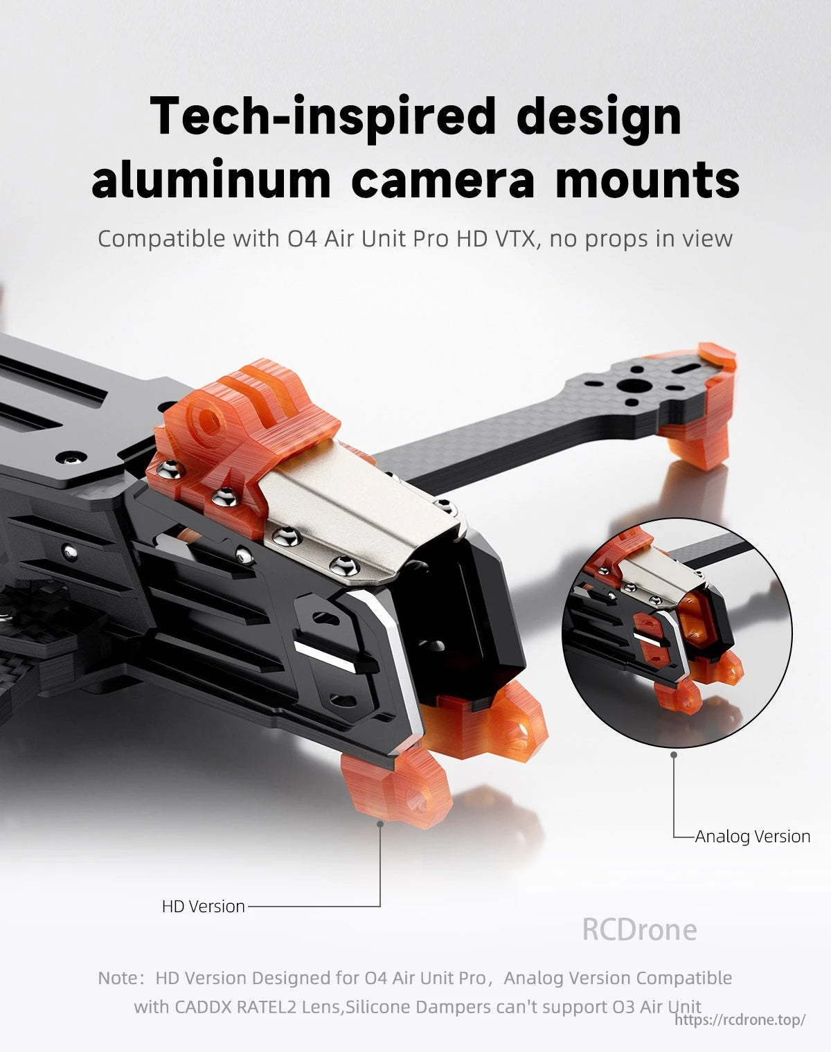 GEPRC GEP-MOZ7 FPV Drone, Tech-inspired design for aluminum camera mounts compatible with Air Unit Pro HD VTX and RateLz Lens.
