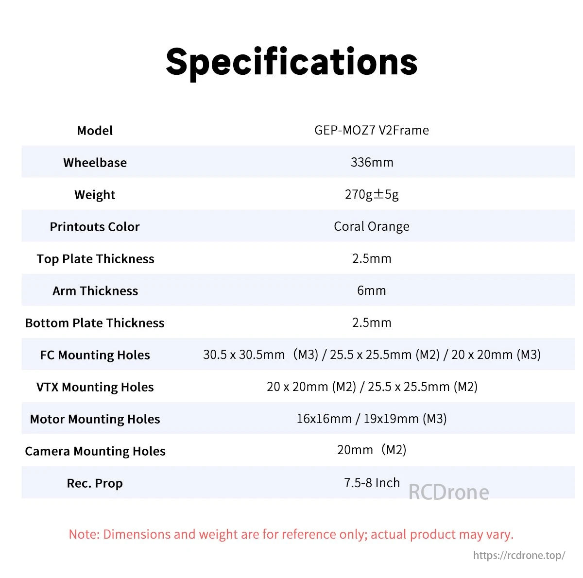 GEPRC GEP-MOZ7 FPV Drone, GEP-MOZ7 V2: 336mm frame, 270g, coral orange, 2.5mm plates, 6mm arms, includes mounts. Prop size: 7.5-8 inch. Ideal for racing and aerial photography.