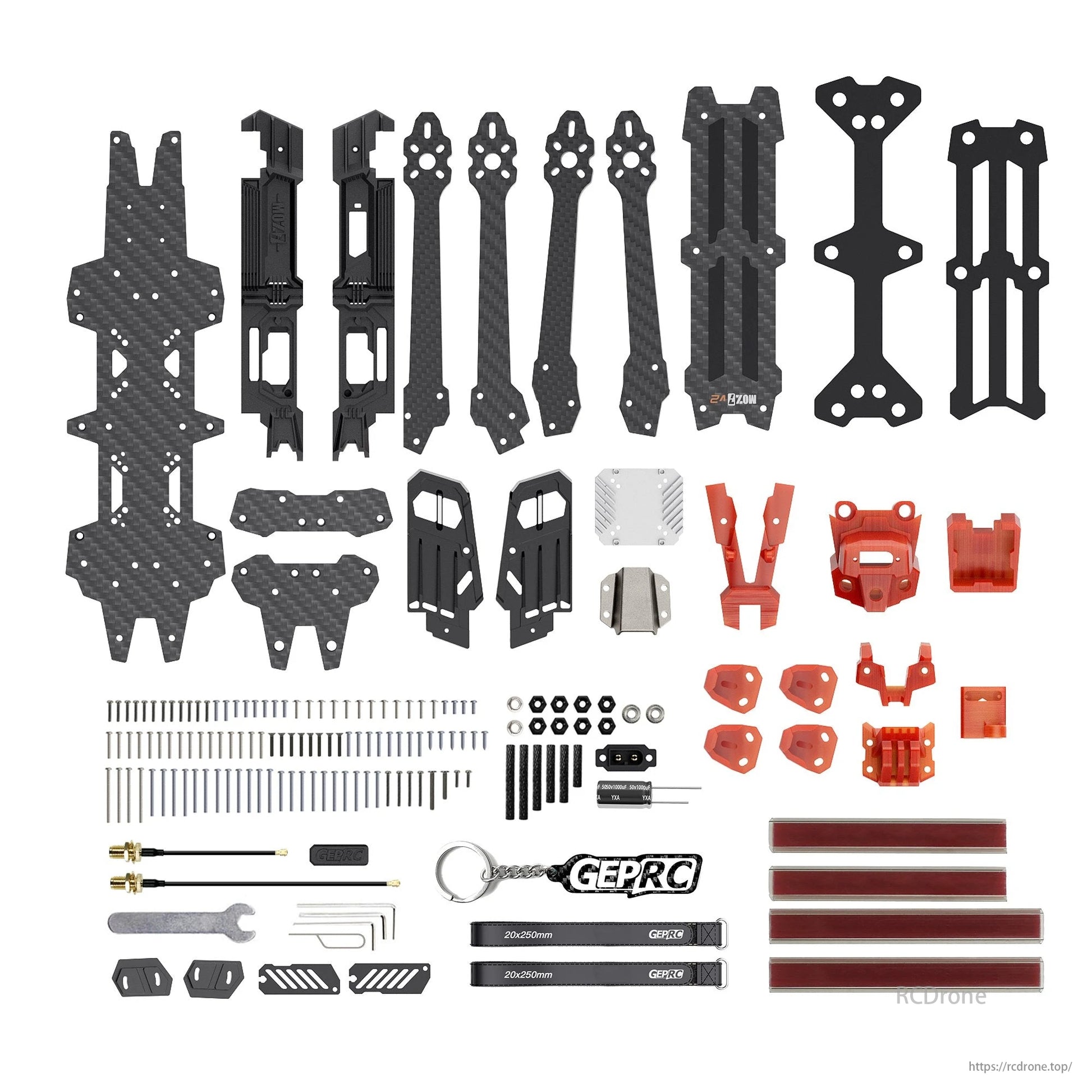 GEPRC GEP-MOZ7 V2 drone frame kit features carbon fiber, plastic parts, screws, GPS mount, tools; supports 8" props, 336mm wheelbase.